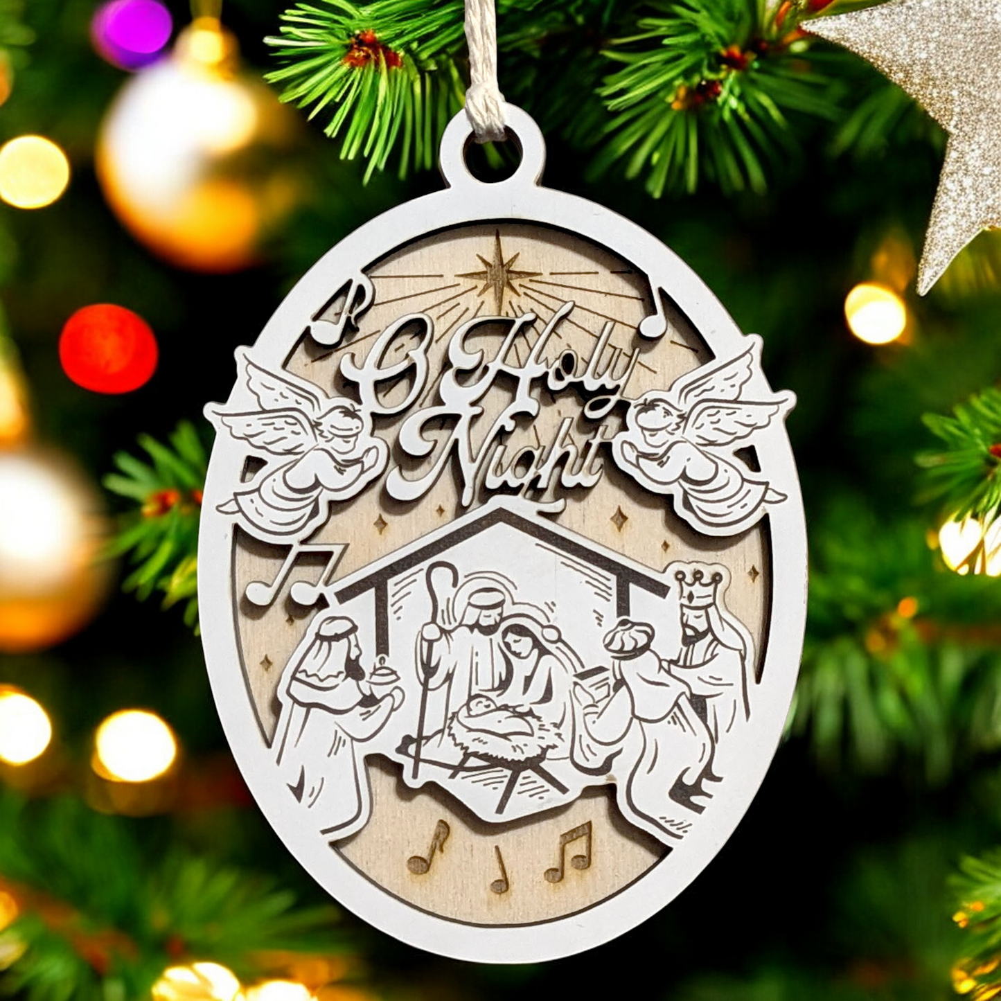 "O Holy Night" 3.5"-5" Oval Laser Cut Wooden Christmas Ornament, Handcrafted in USA, Whiteboard & Natural Wood Layers, Manger Scene with Jesus, Mary & Joseph, Angels & Music Notes