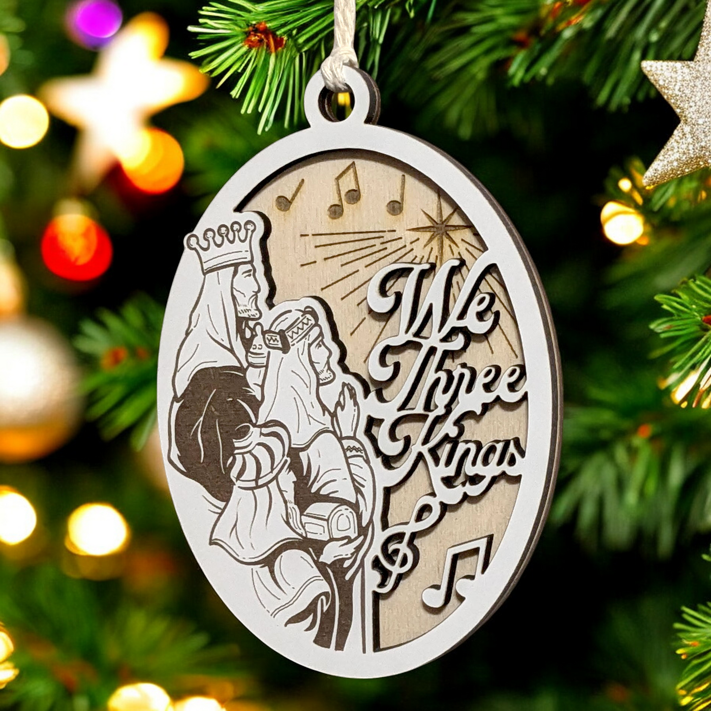 "We Three Kings" 3.5"-5" Oval Laser Cut Wooden Christmas Ornament, Handcrafted in USA - Unique Two-Layer Design with Whiteboard & Natural Wood, Features Three Wise Men Scene & Phrase