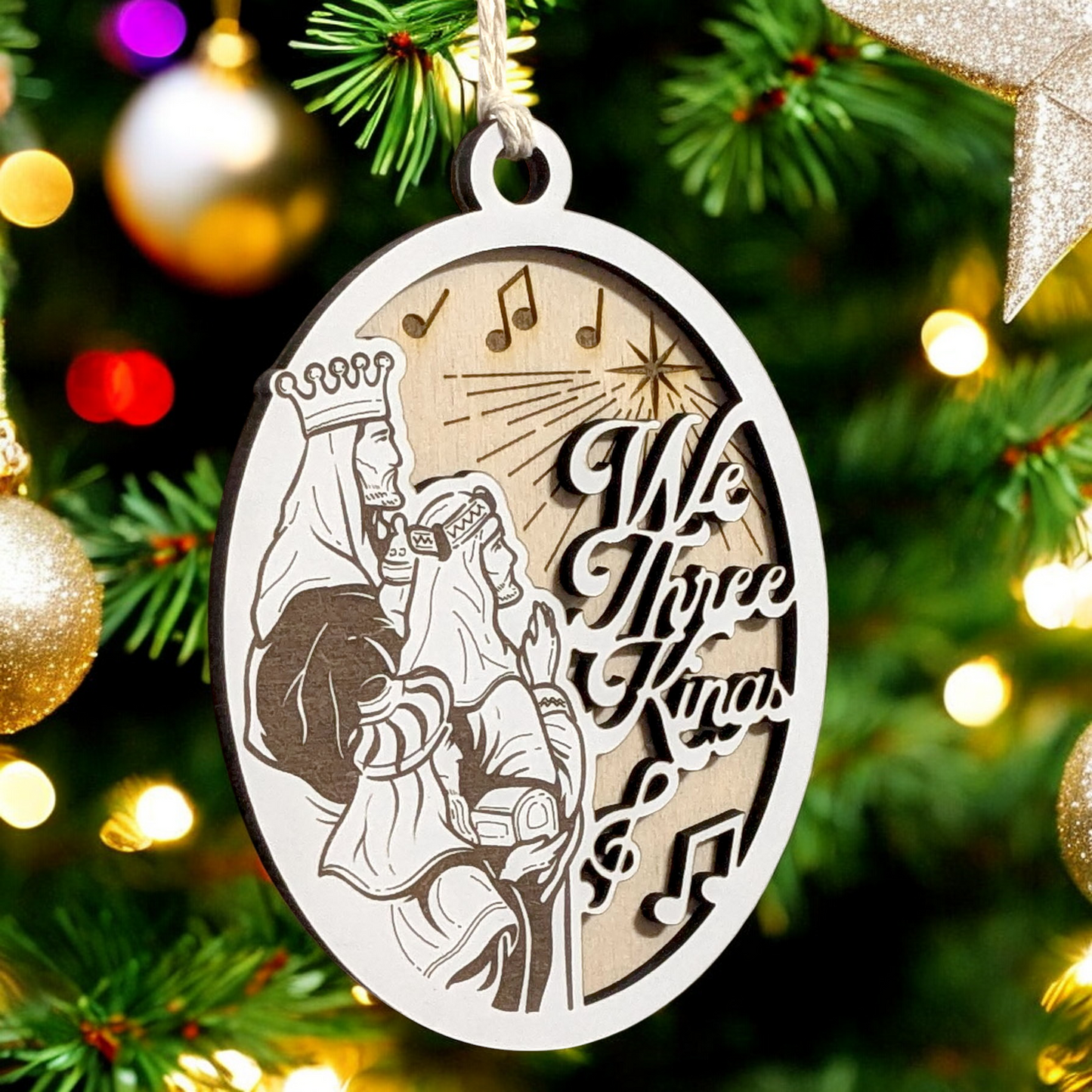 "We Three Kings" 3.5"-5" Oval Laser Cut Wooden Christmas Ornament, Handcrafted in USA - Unique Two-Layer Design with Whiteboard & Natural Wood, Features Three Wise Men Scene & Phrase