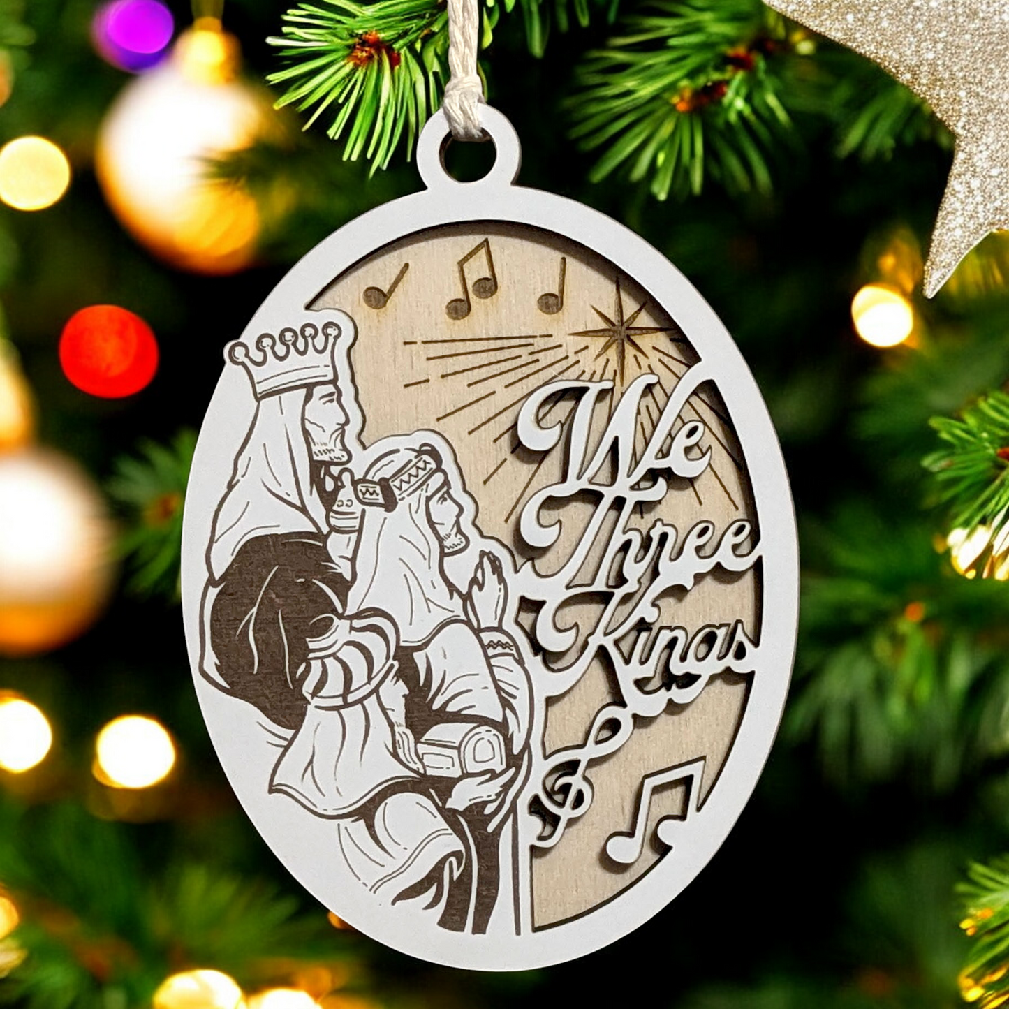 "We Three Kings" 3.5"-5" Oval Laser Cut Wooden Christmas Ornament, Handcrafted in USA - Unique Two-Layer Design with Whiteboard & Natural Wood, Features Three Wise Men Scene & Phrase