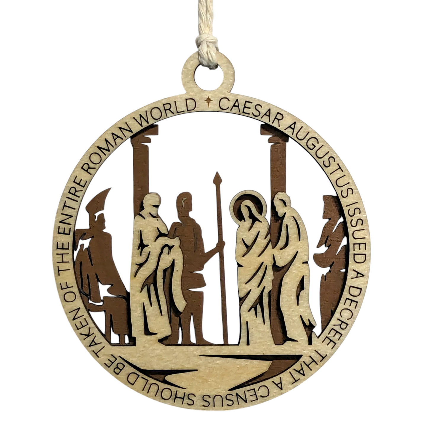 Set of 8 Handcrafted 3.5" Round Wooden Christmas Story Ornaments, 2-Layer Laser Cut Design, Natural & Stained Wood, Featuring Bible Verses Luke 2:1, 2:7, 2:10, Matthew 2:2, 2:11, Proverbs 3:6, 6:20