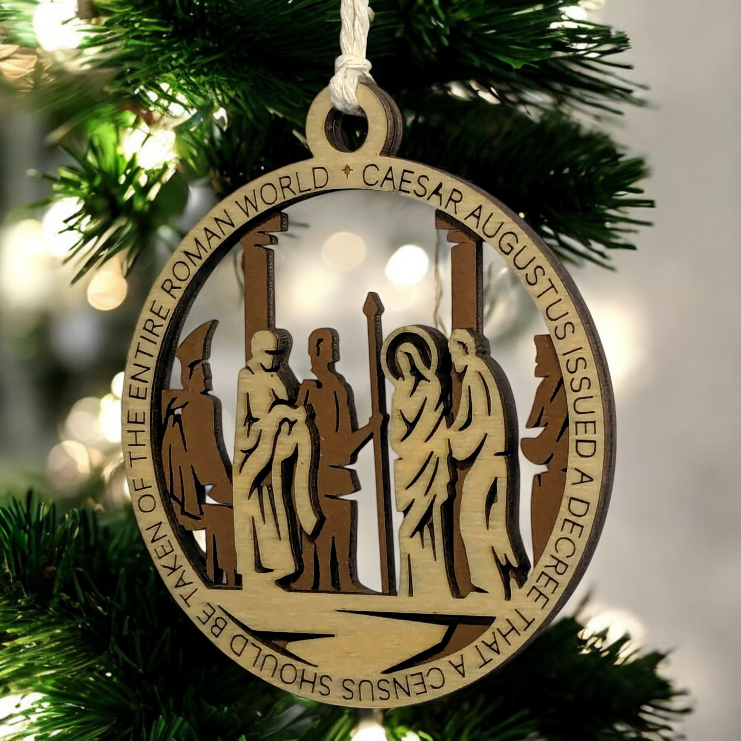 Set of 8 Handcrafted 3.5" Round Wooden Christmas Story Ornaments, 2-Layer Laser Cut Design, Natural & Stained Wood, Featuring Bible Verses Luke 2:1, 2:7, 2:10, Matthew 2:2, 2:11, Proverbs 3:6, 6:20