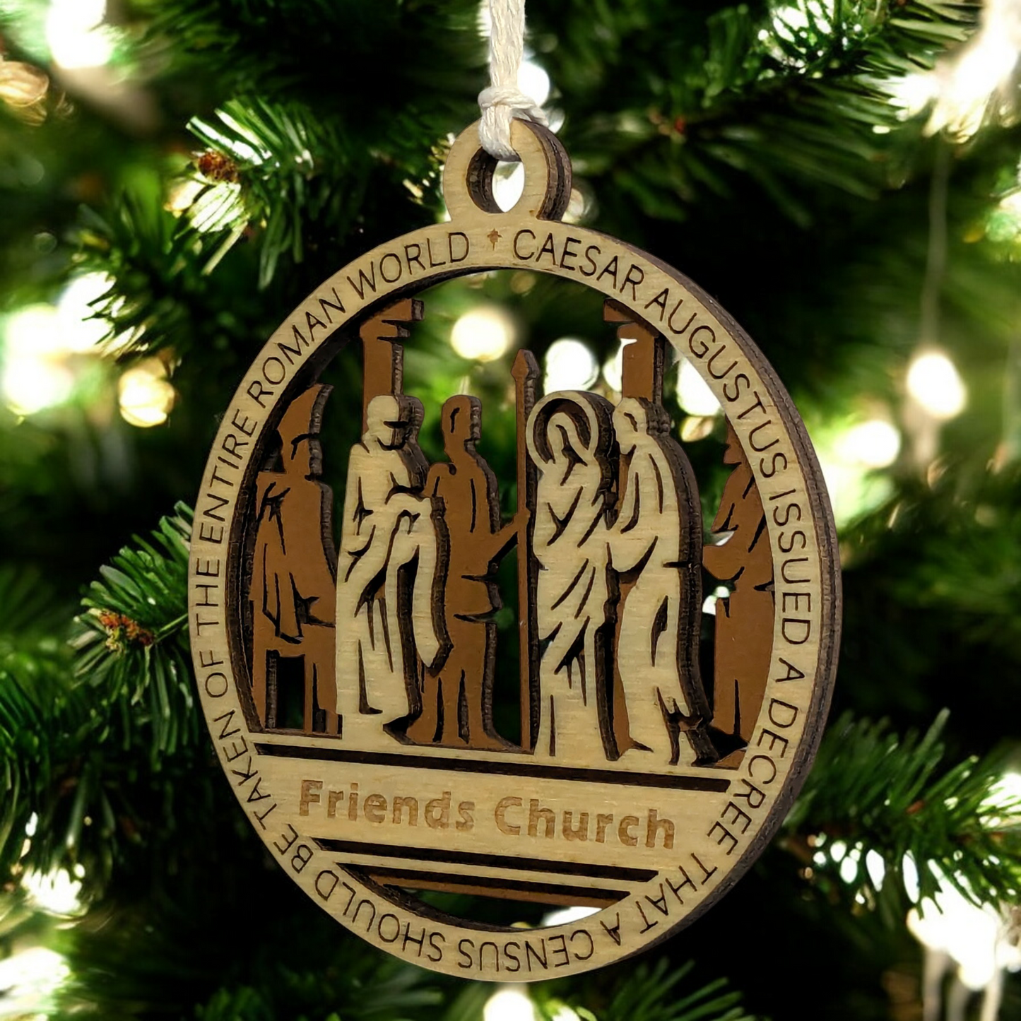 Set of 8 Handcrafted 3.5" Round Wooden Christmas Story Ornaments, 2-Layer Laser Cut, Natural & Stained, Features Bible Verses Luke 2:1, 2:7, 2:10, Matthew 2:2, 2:11, Proverbs 3:6, 6:20, Personalizable