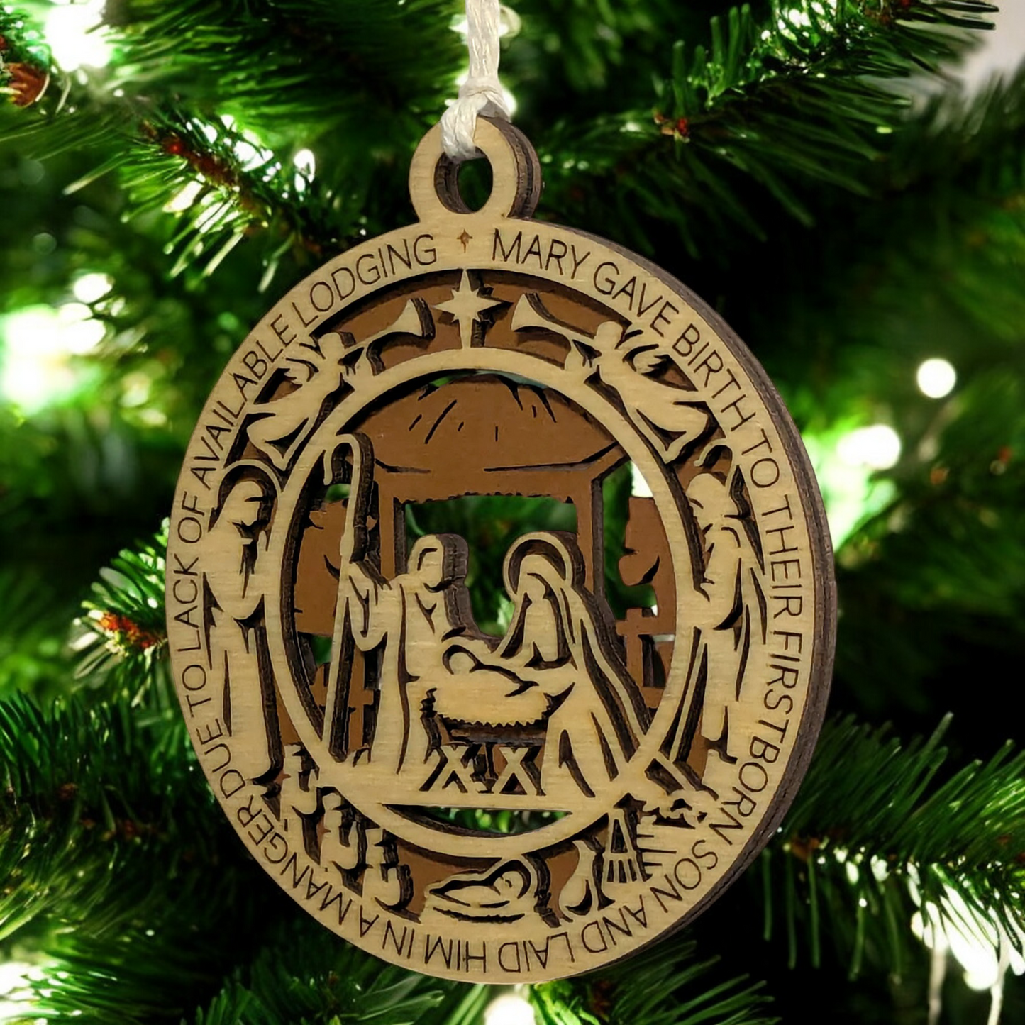 Handcrafted 3.5" Wooden Christmas Ornament, 2-Layer Laser Cut, Featuring Luke 2:7 Manger Scene with Mary, Joseph & Baby Jesus, Christian Icons, Made in USA, Perfect Holiday Decor Gift