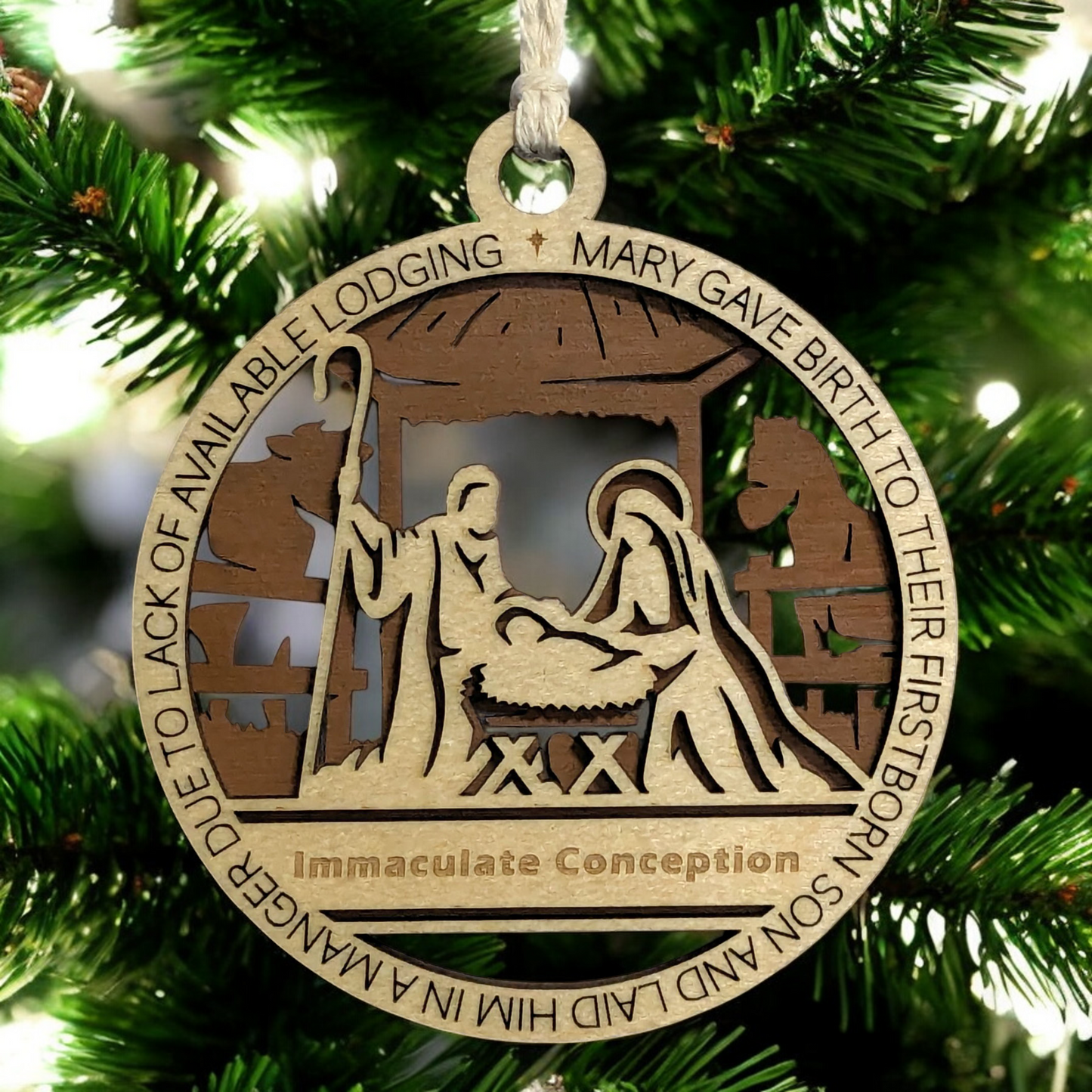 Handcrafted 3.5" Round Wooden Christmas Ornament, 2-Layer Laser Cut Design, Natural & Stained Wood, Featuring Luke 2:7 Manger Scene with Mary, Joseph & Baby Jesus, Personalize with Name, USA Made