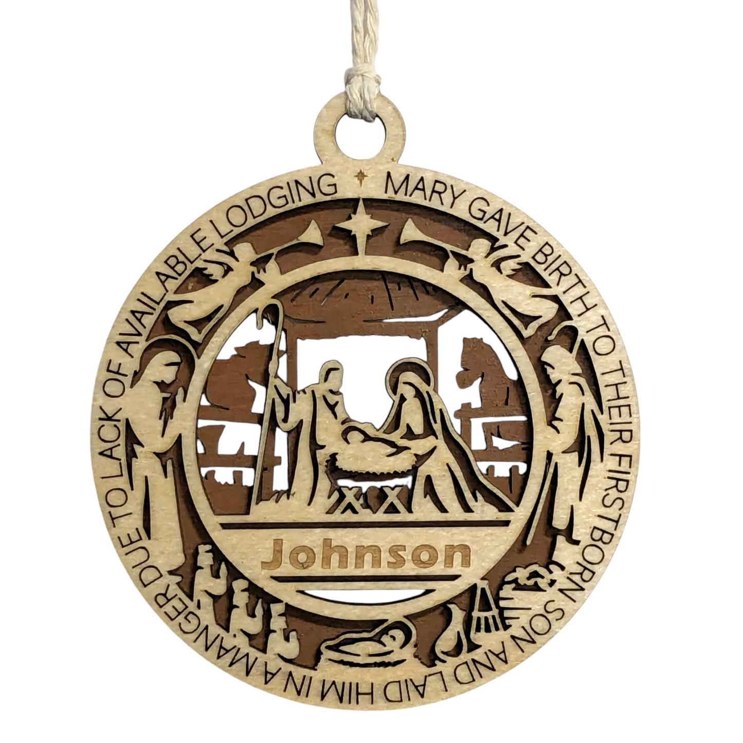 Handcrafted 3.5" Wooden Christmas Ornament, 2-Layer Laser Cut, Luke 2:7 Manger Scene, Personalized Text Option, Christian Icons, Made in USA, Perfect Holiday Gift, Unique Decor Keepsake