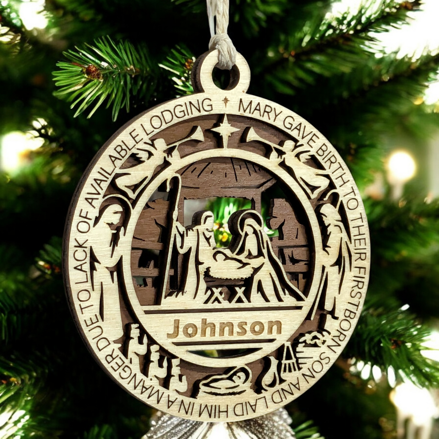 Handcrafted 3.5" Wooden Christmas Ornament, 2-Layer Laser Cut, Luke 2:7 Manger Scene, Personalized Text Option, Christian Icons, Made in USA, Perfect Holiday Gift, Unique Decor Keepsake