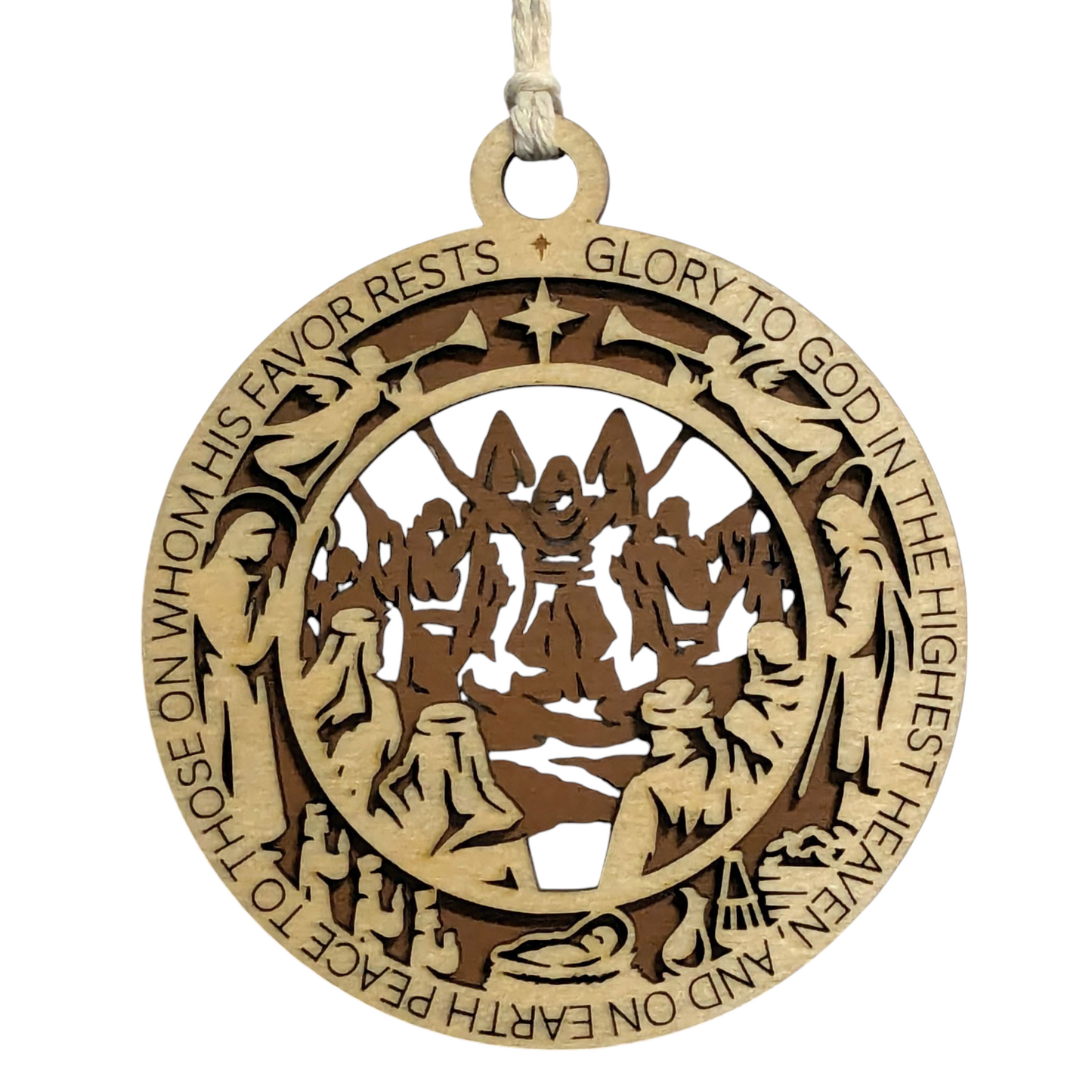 Handcrafted 3.5" Round Wooden Christmas Ornament, 2-Layer Laser Cut, Christmas Story Theme, Luke 2:14 Verse, Disciples Scene, Christian Icons, Made in USA, Perfect Holiday Decor Gift