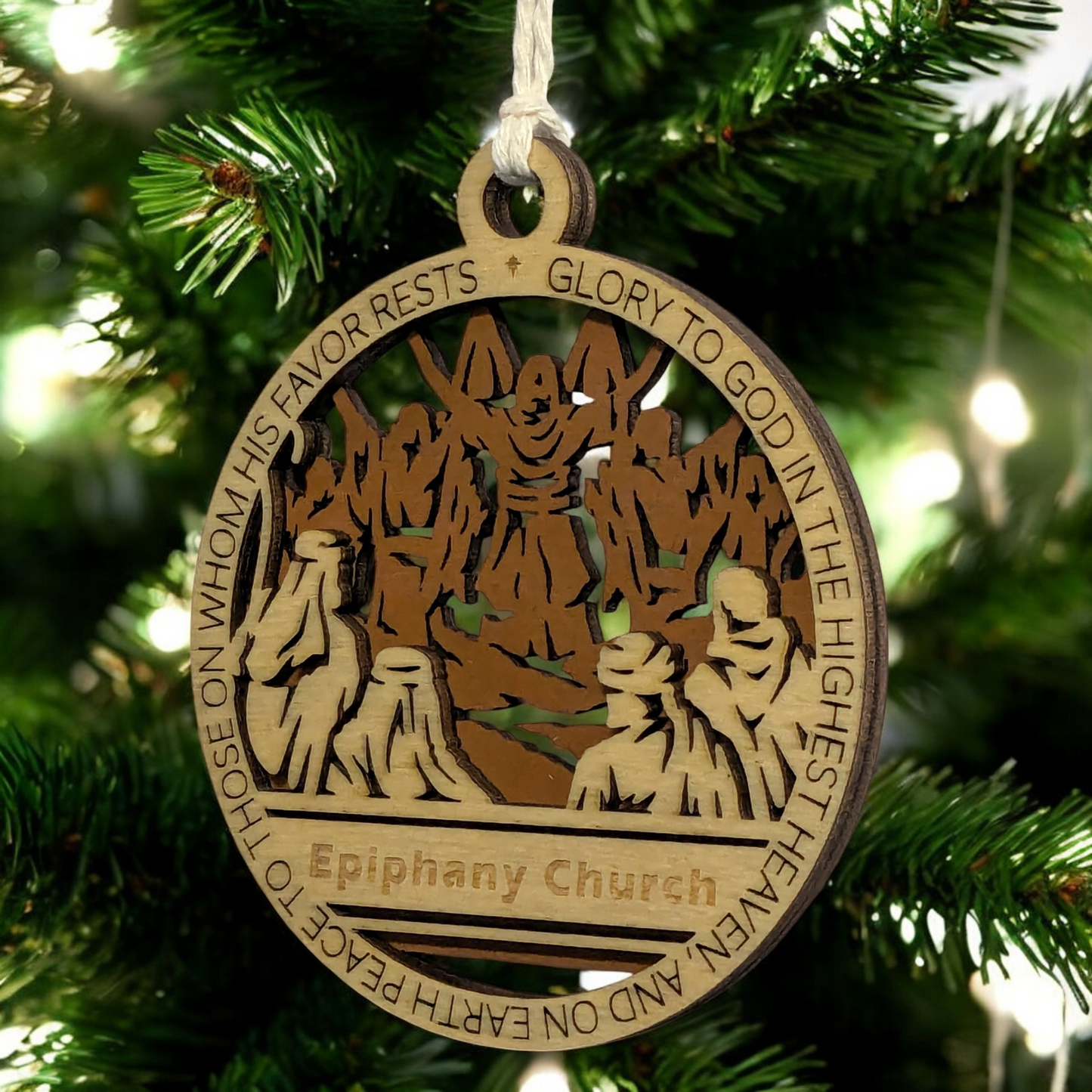 Handcrafted 3.5" Round Wooden Christmas Ornament, 2-Layer Laser Cut, Christmas Story Theme, Natural & Stained Wood, Features Luke 2:14, Disciples Scene, Personalize with Name/Church, Made in USA