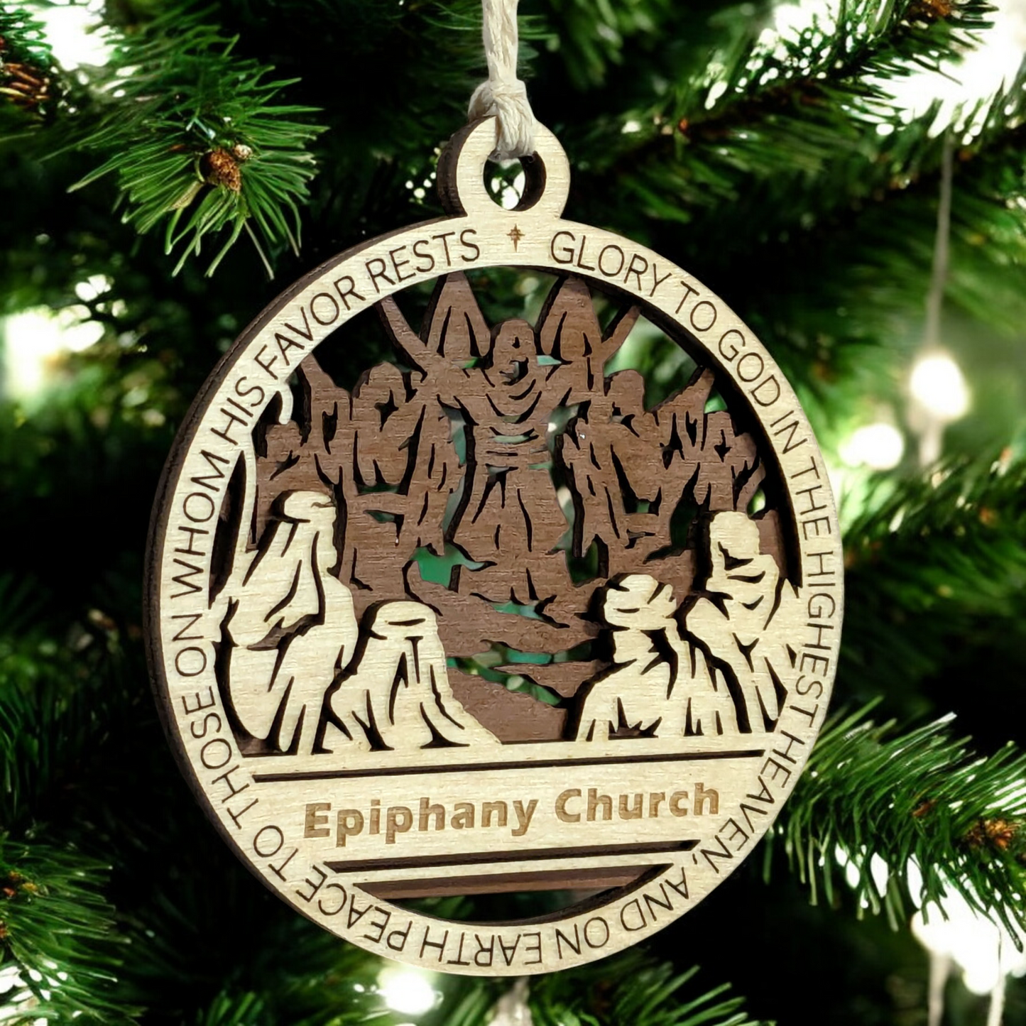 Handcrafted 3.5" Round Wooden Christmas Ornament, 2-Layer Laser Cut, Christmas Story Theme, Natural & Stained Wood, Features Luke 2:14, Disciples Scene, Personalize with Name/Church, Made in USA