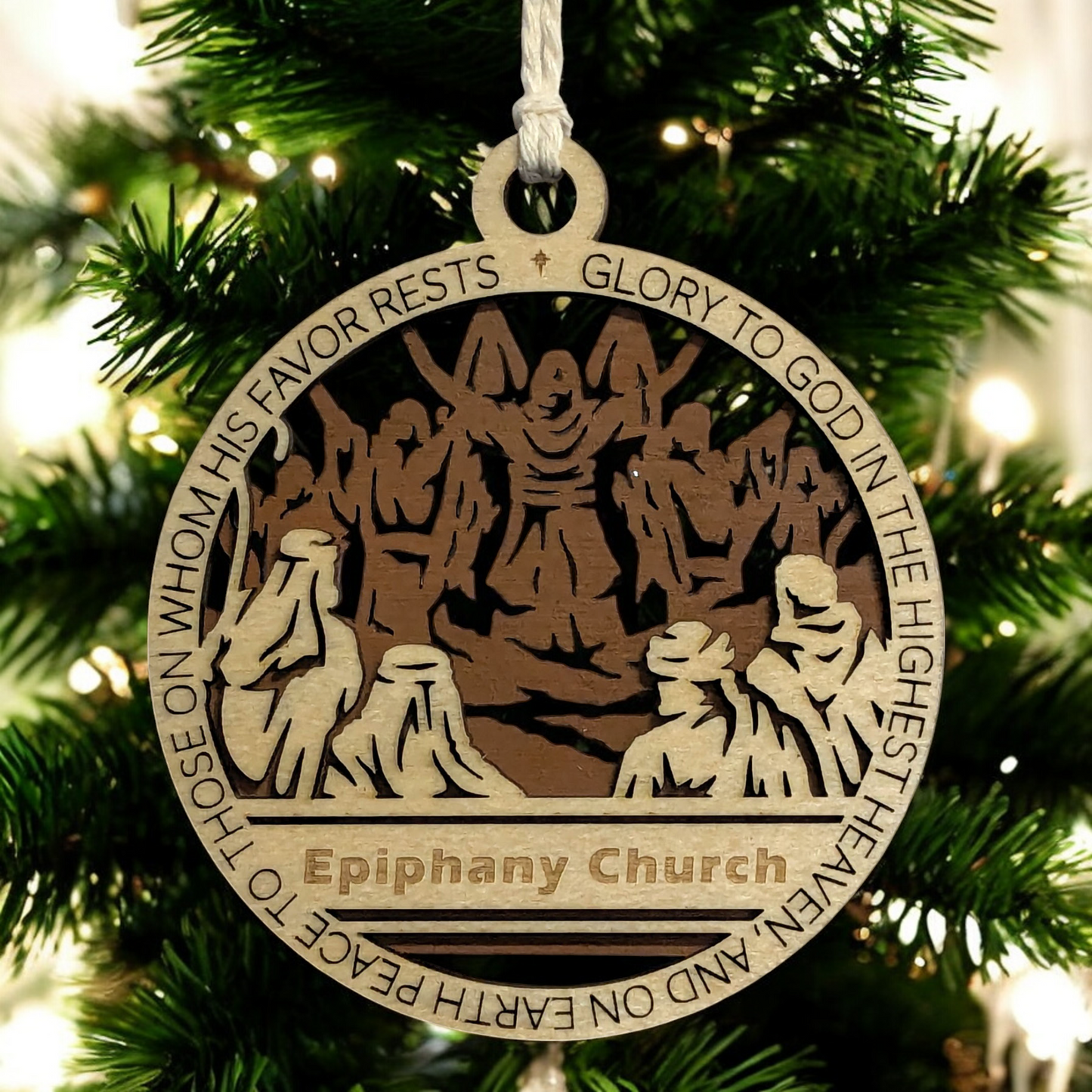 Handcrafted 3.5" Round Wooden Christmas Ornament, 2-Layer Laser Cut, Christmas Story Theme, Natural & Stained Wood, Features Luke 2:14, Disciples Scene, Personalize with Name/Church, Made in USA
