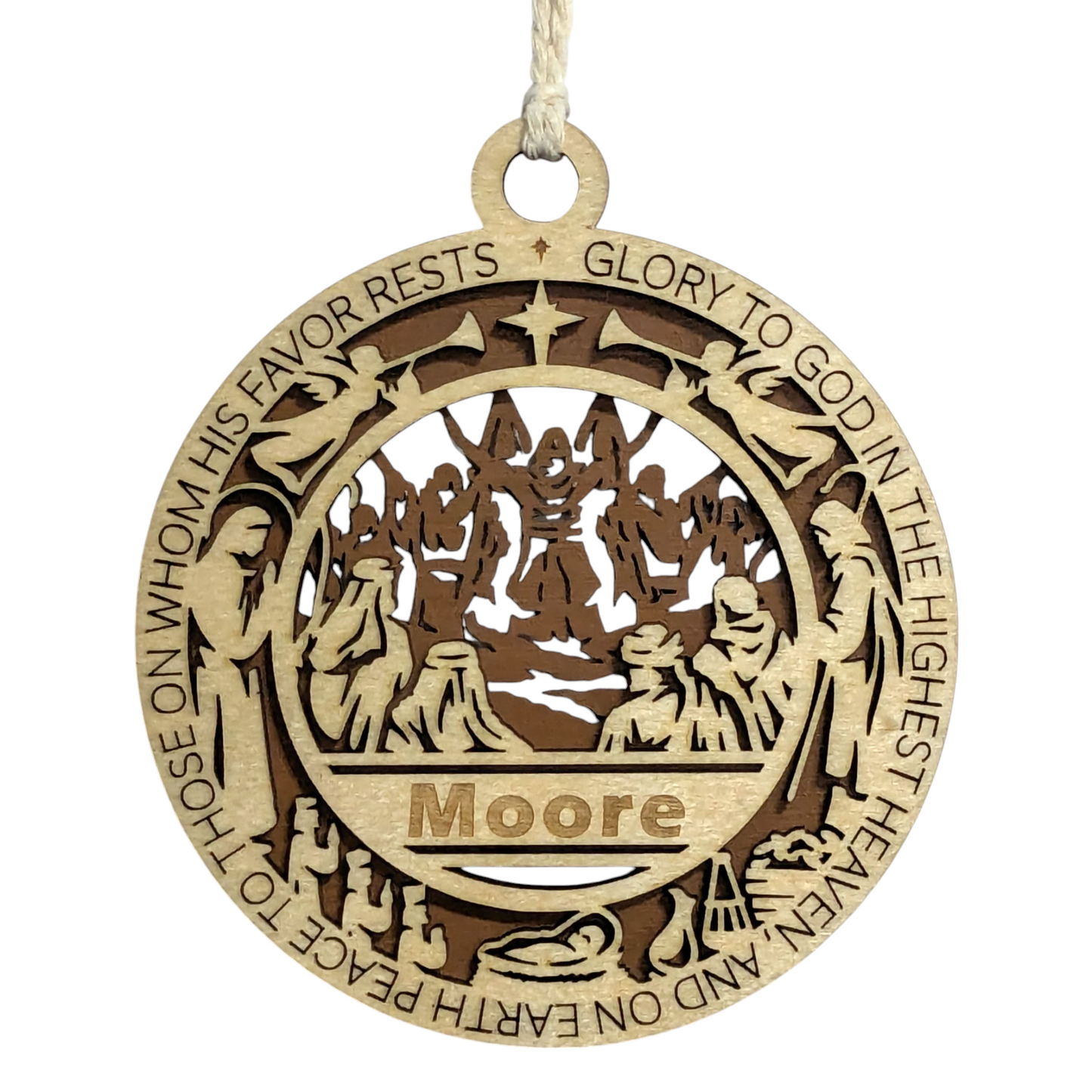Handcrafted 3.5" Wooden Christmas Ornament, Laser Cut 2-Layer Design, Luke 2:14 Bible Verse, Christian Story Icons, Personalize with Name/Church, USA Made, Perfect Holiday Gift, Unique Decor