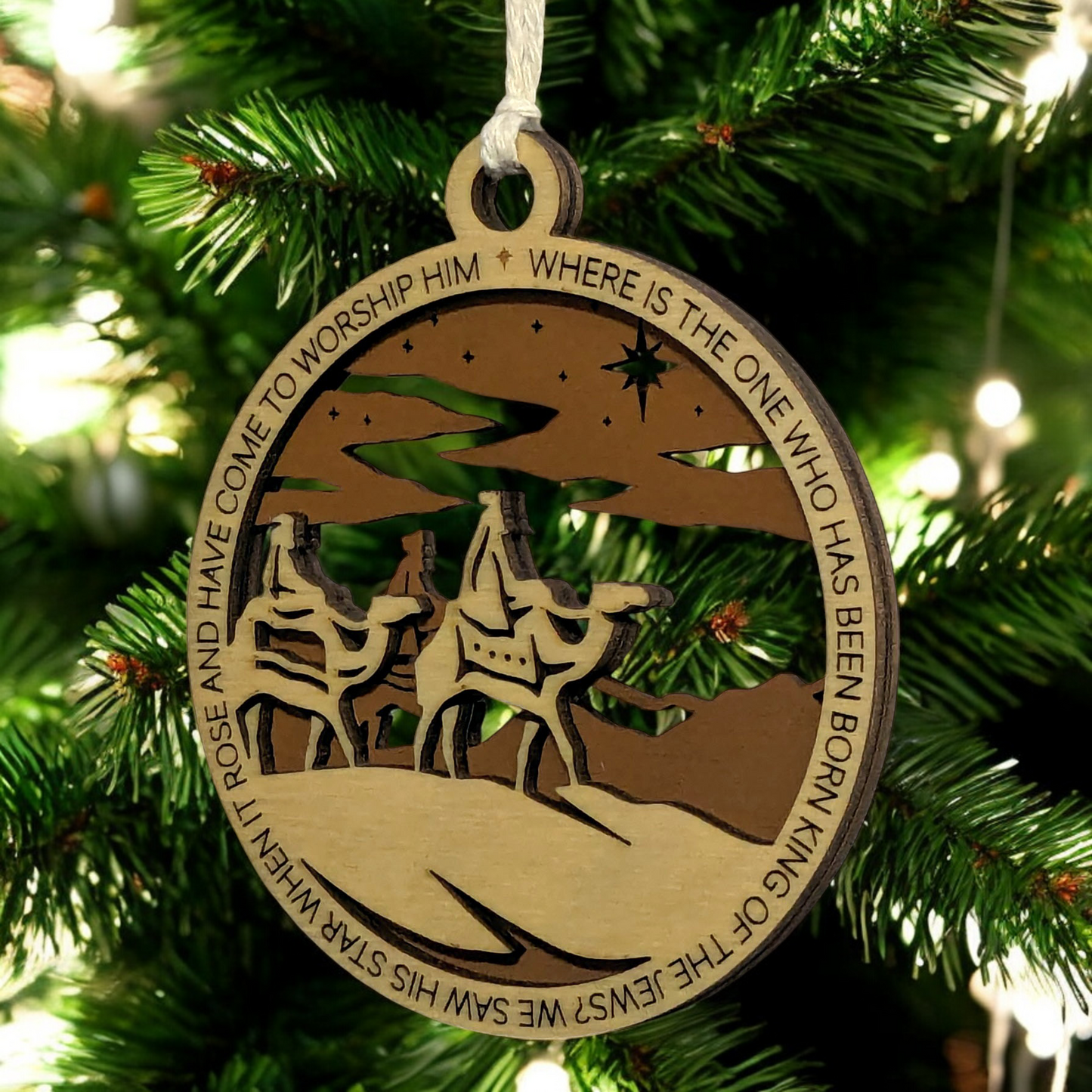 Handcrafted 3.5" Round Wooden Christmas Ornament, 2-Layer Laser Cut Design, Natural & Stained Wood, Featuring Matthew 2:2 Bible Verse & Wise Men Scene, Made in USA, Perfect Holiday Decor Gift