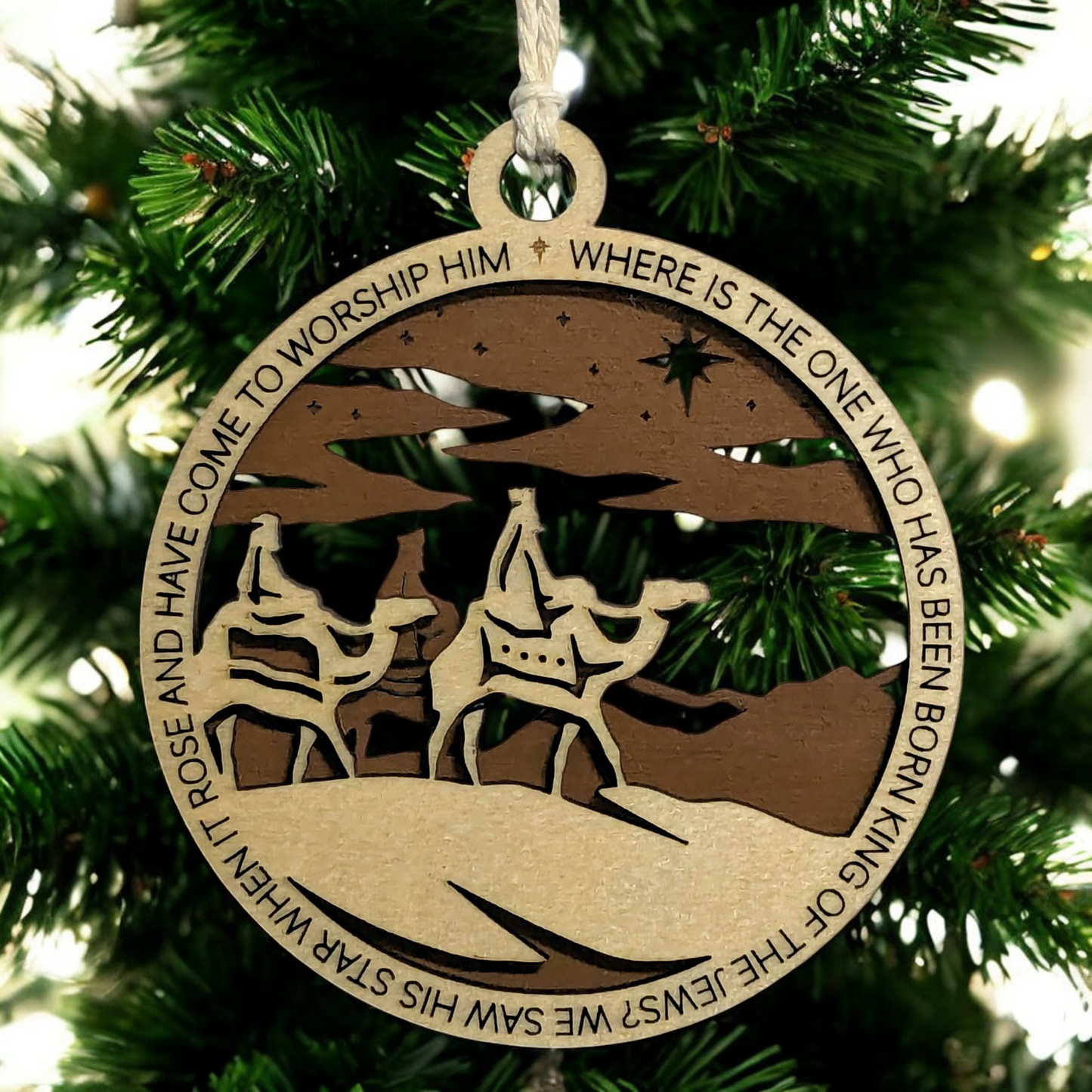 Handcrafted 3.5" Round Wooden Christmas Ornament, 2-Layer Laser Cut Design, Natural & Stained Wood, Featuring Matthew 2:2 Bible Verse & Wise Men Scene, Made in USA, Perfect Holiday Decor Gift
