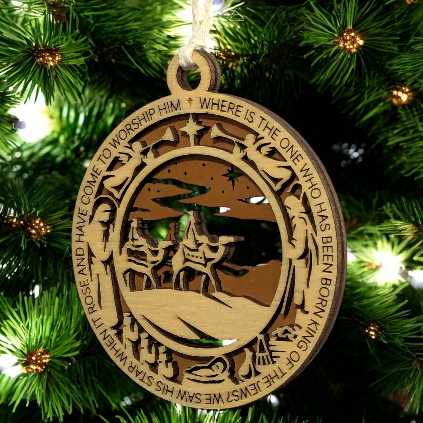 Handcrafted 3.5" Wooden Christmas Ornament, 2-Layer Laser Cut, USA Made, Featuring Matthew 2:2, Wise Men Scene, Christian Icons: Angels, Mary, Joseph, Baby Jesus, Gold, Frankincense & Myrrh