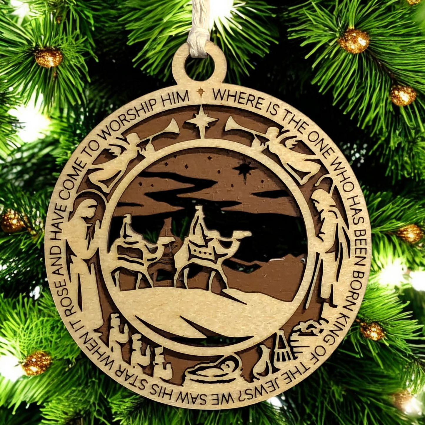 Handcrafted 3.5" Wooden Christmas Ornament, 2-Layer Laser Cut, USA Made, Featuring Matthew 2:2, Wise Men Scene, Christian Icons: Angels, Mary, Joseph, Baby Jesus, Gold, Frankincense & Myrrh