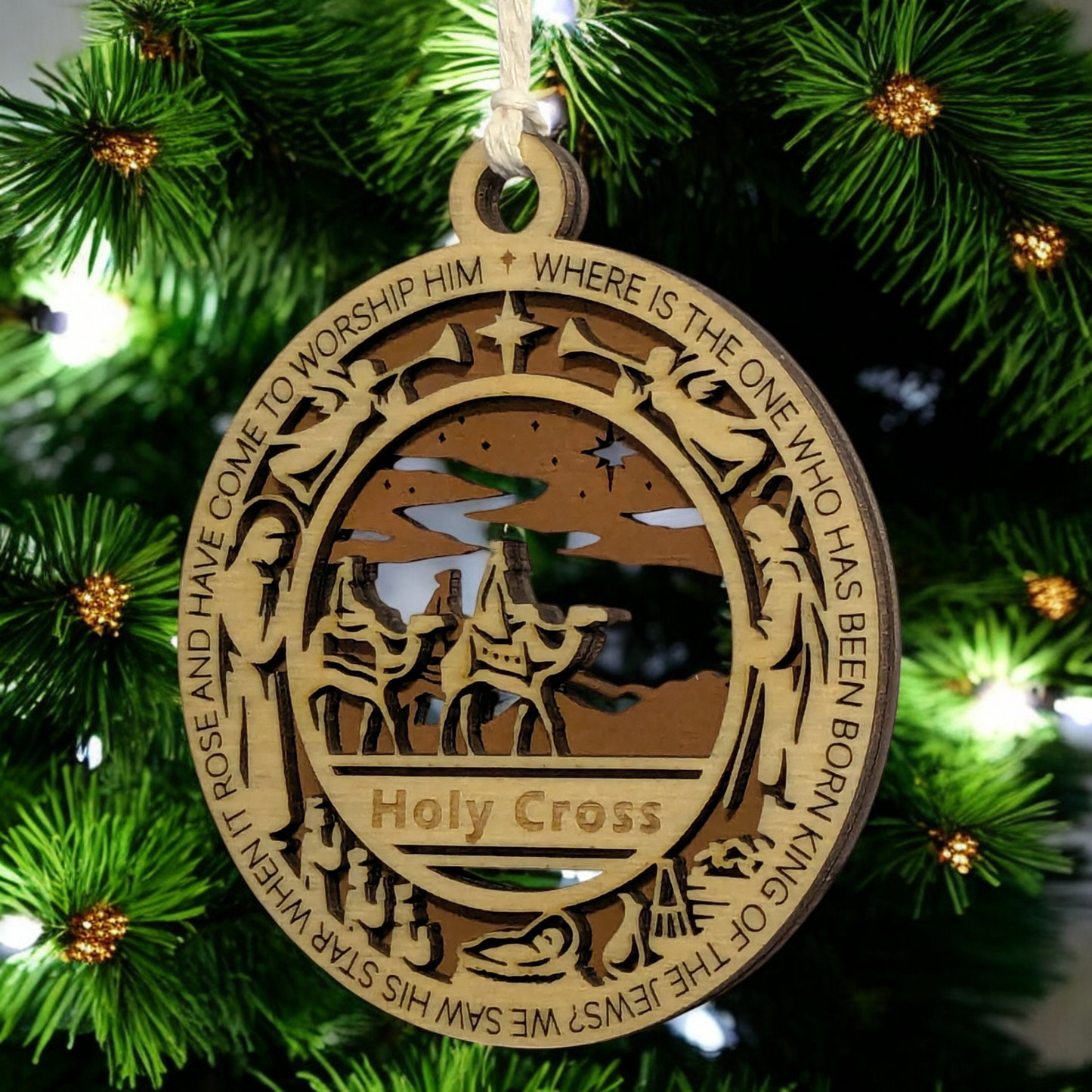 Handcrafted 3.5" Wooden Christmas Ornament, 2-Layer Laser Cut, Bible Verse Matthew 2:2, Wise Men Scene, Personalized Text Space, Christian Icons, Made in USA, Perfect Holiday Gift Decor