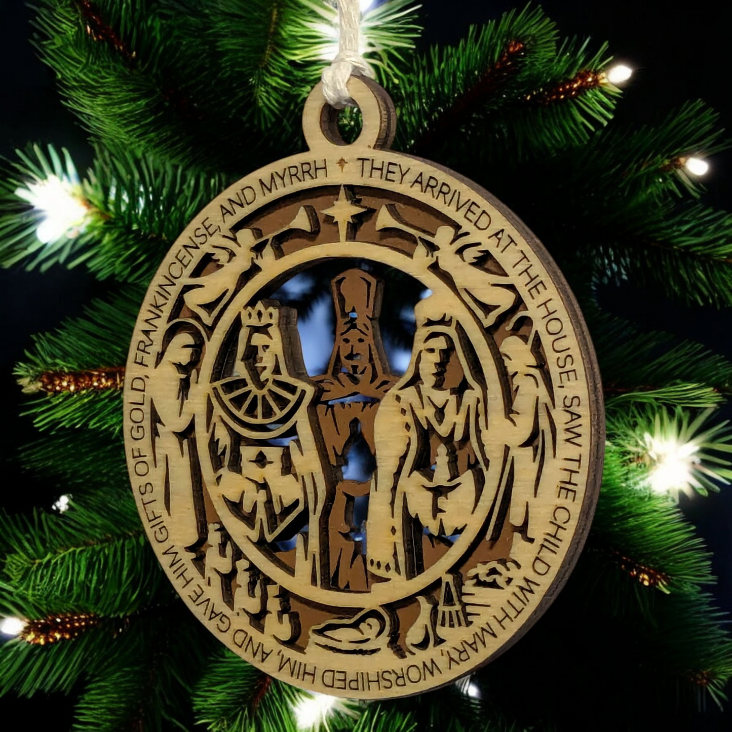 Handcrafted 3.5" Round Wooden Christmas Ornament, 2-Layer Laser Cut Design, Natural & Stained Wood, Featuring Matthew 2:11, Three Wise Men Scene, Christian Icons, Made in USA, Perfect Holiday Gift