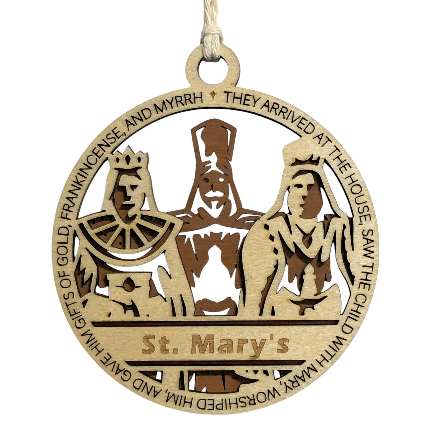 Handcrafted 3.5" Round Wooden Christmas Ornament, 2-Layer Laser Cut Design, Natural & Stained Wood, Featuring Matthew 2:11 & Three Wise Men Scene, Personalizable Text Space, Made in USA