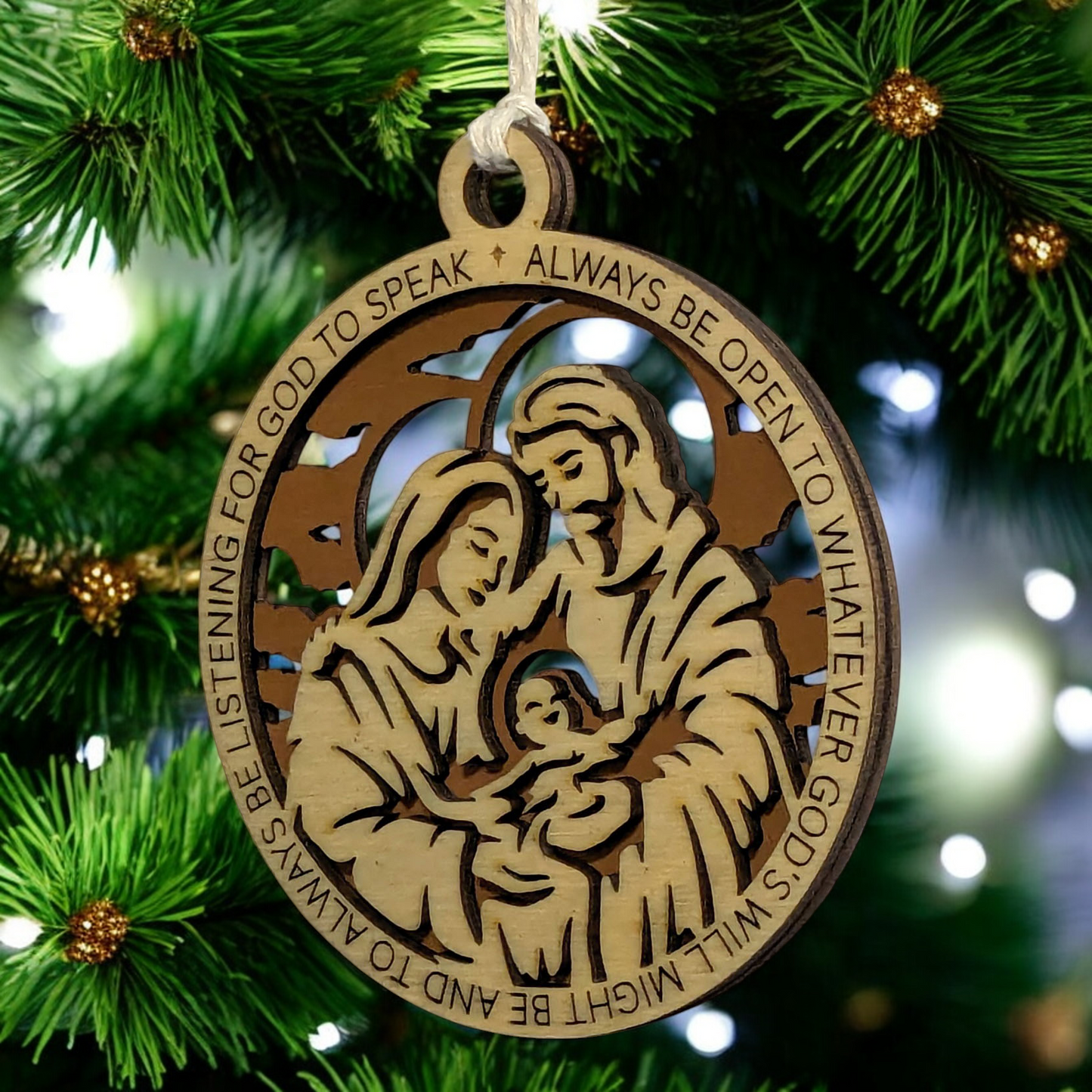 Handcrafted 3.5" Round Wooden Christmas Ornament, 2-Layer Laser Cut Design, Natural & Stained Wood, Featuring Proverbs 3:6, Mary, Joseph & Baby Jesus Scene, Made in USA, Perfect Holiday Decor Gift