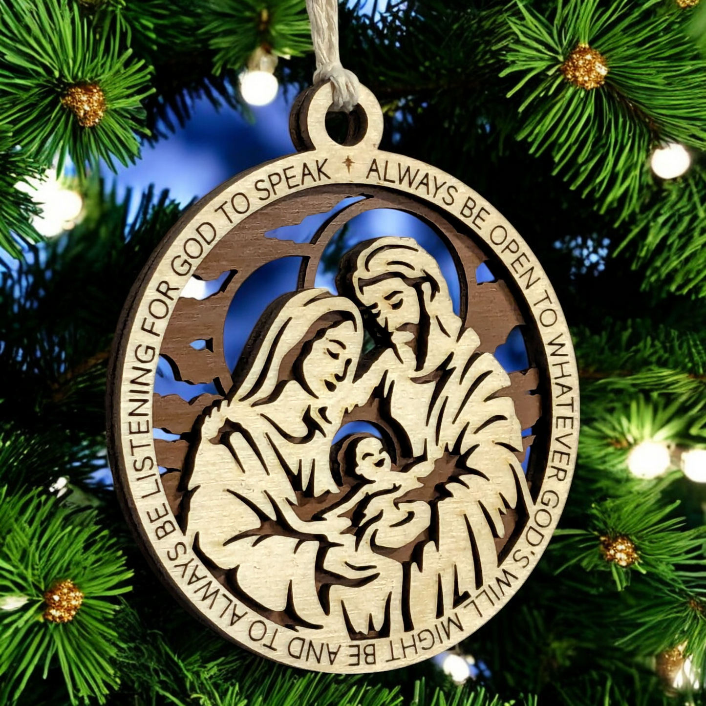 Handcrafted 3.5" Round Wooden Christmas Ornament, 2-Layer Laser Cut Design, Natural & Stained Wood, Featuring Proverbs 3:6, Mary, Joseph & Baby Jesus Scene, Made in USA, Perfect Holiday Decor Gift