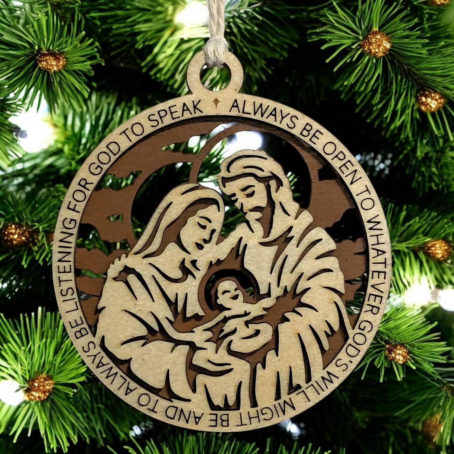 Handcrafted 3.5" Round Wooden Christmas Ornament, 2-Layer Laser Cut Design, Natural & Stained Wood, Featuring Proverbs 3:6, Mary, Joseph & Baby Jesus Scene, Made in USA, Perfect Holiday Decor Gift