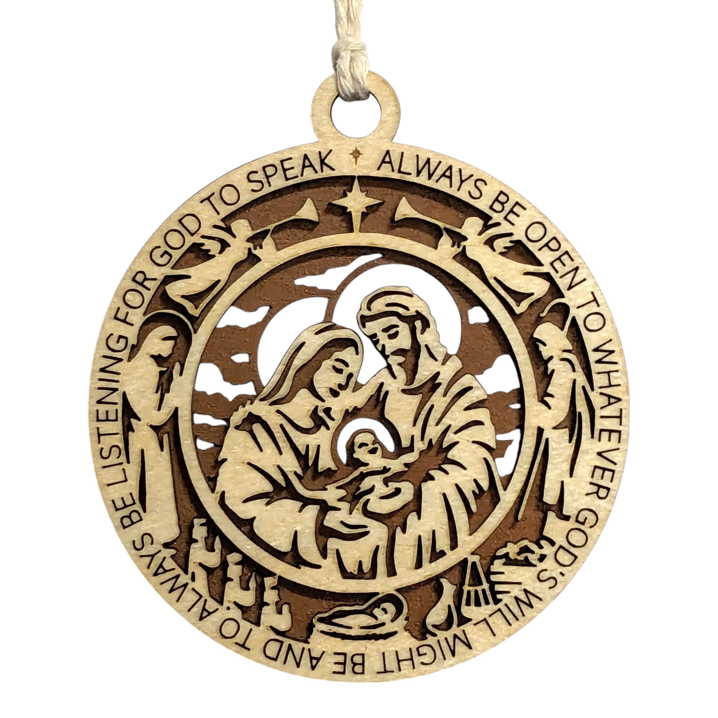 Handcrafted 3.5" Round Wooden Christmas Ornament, 2-Layer Laser Cut, Natural & Stained, Featuring Proverbs 3:6, Nativity Scene with Mary, Joseph, Baby Jesus, Angels, Wise Men, Made in USA