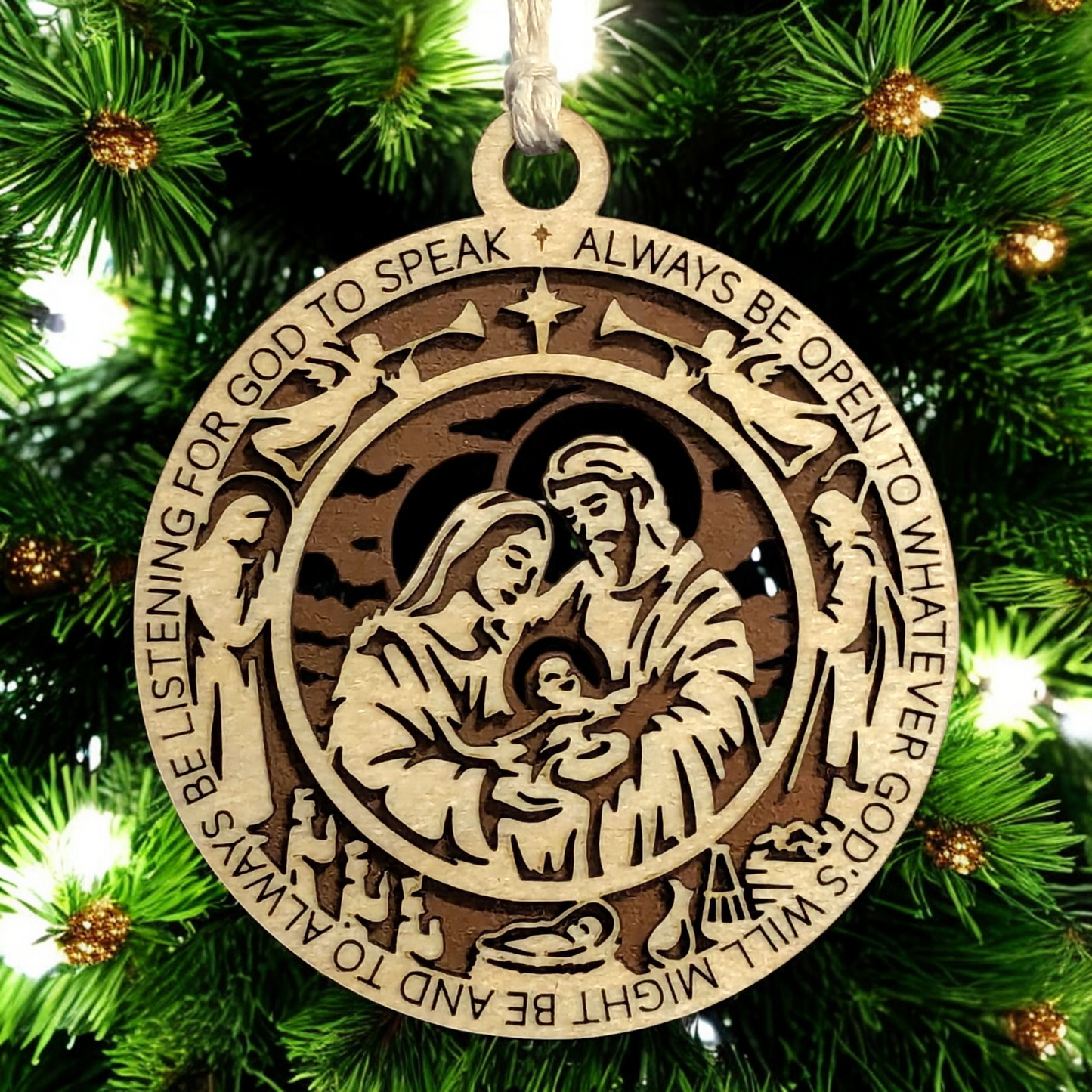 Handcrafted 3.5" Round Wooden Christmas Ornament, 2-Layer Laser Cut, Natural & Stained, Featuring Proverbs 3:6, Nativity Scene with Mary, Joseph, Baby Jesus, Angels, Wise Men, Made in USA