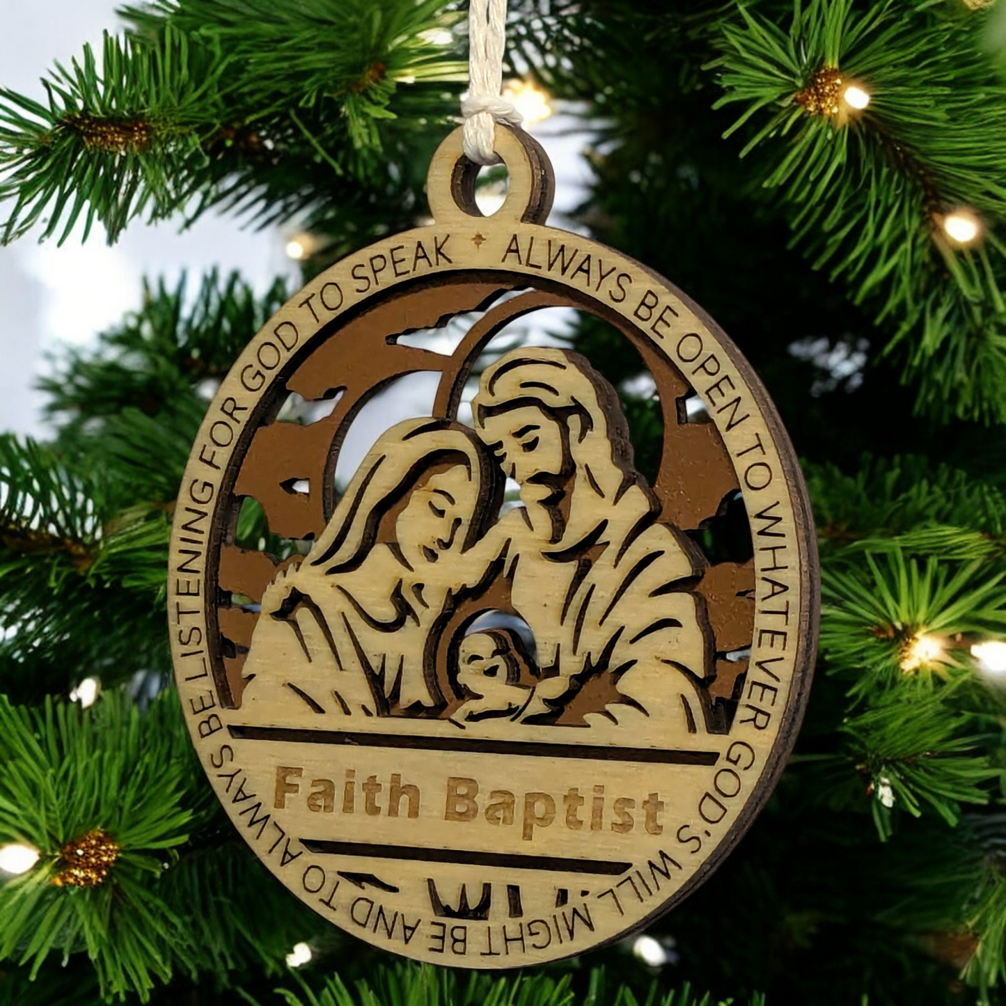 Handcrafted 3.5" Round Wooden Christmas Ornament, Laser Cut 2-Layer Design, Natural & Stained Wood, Featuring Proverbs 3:6, Mary, Joseph & Baby Jesus Scene, Personalizable, Made in USA