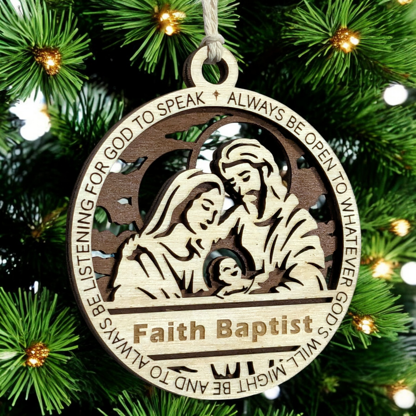 Handcrafted 3.5" Round Wooden Christmas Ornament, Laser Cut 2-Layer Design, Natural & Stained Wood, Featuring Proverbs 3:6, Mary, Joseph & Baby Jesus Scene, Personalizable, Made in USA