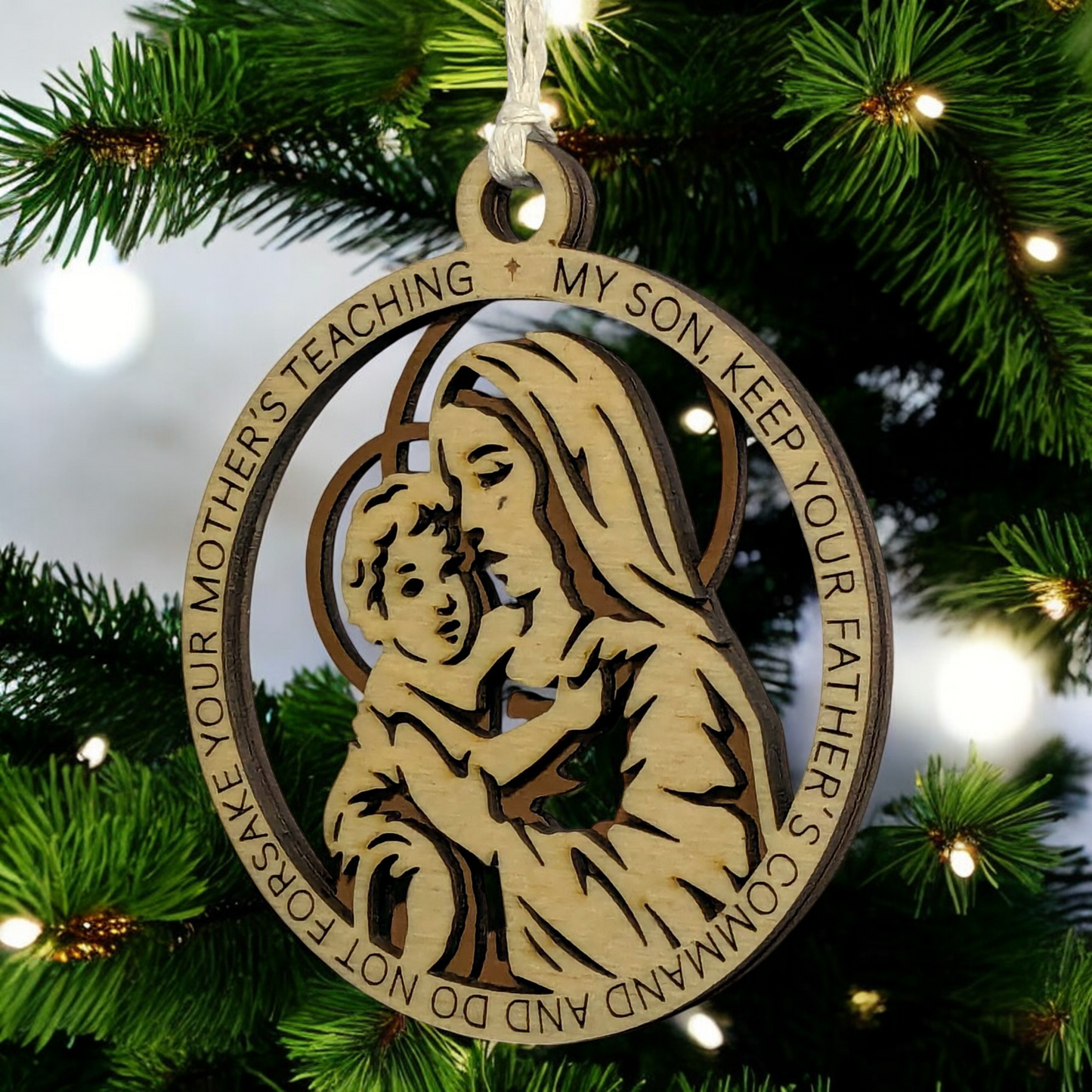 Handcrafted 3.5" Round Wooden Christmas Ornament - 2 Layer Laser Cut Design - Natural & Stained Wood - Christmas Story Theme with Mary & Baby Jesus - Proverbs 6:20 Verse - Made in USA - Perfect Gift