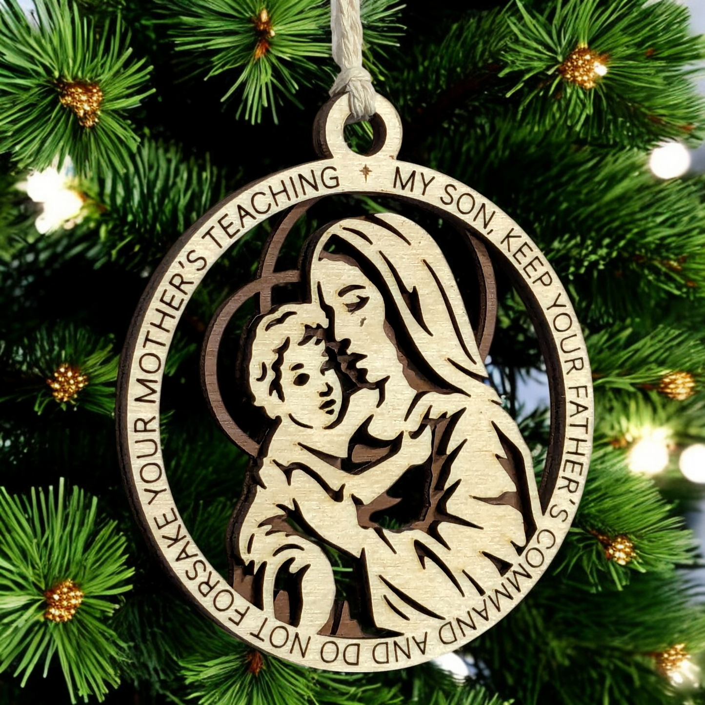 Handcrafted 3.5" Round Wooden Christmas Ornament - 2 Layer Laser Cut Design - Natural & Stained Wood - Christmas Story Theme with Mary & Baby Jesus - Proverbs 6:20 Verse - Made in USA - Perfect Gift