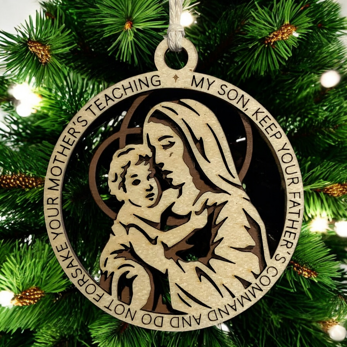 Handcrafted 3.5" Round Wooden Christmas Ornament - 2 Layer Laser Cut Design - Natural & Stained Wood - Christmas Story Theme with Mary & Baby Jesus - Proverbs 6:20 Verse - Made in USA - Perfect Gift