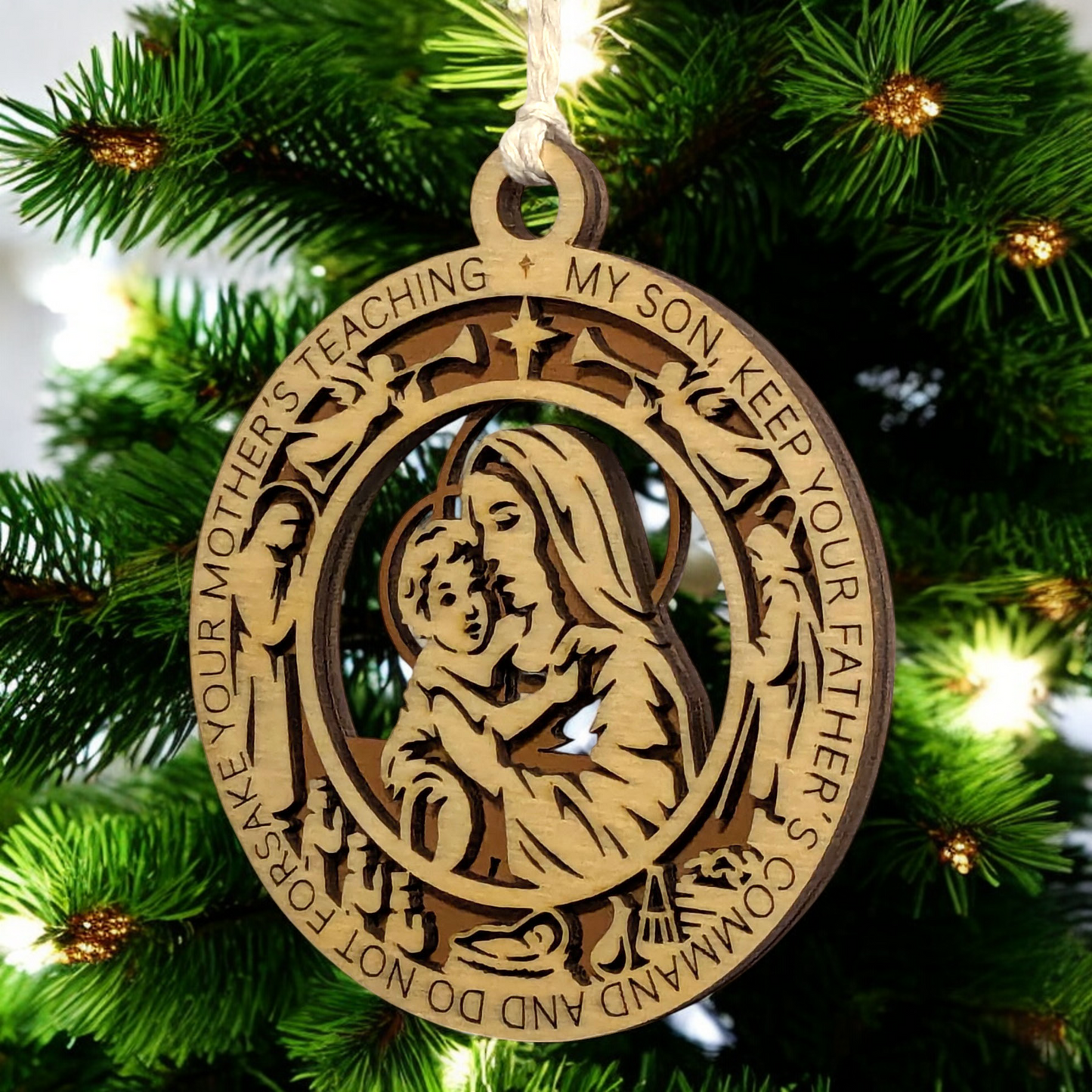 Handcrafted 3.5" Round Wooden Christmas Ornament, 2-Layer Laser Cut, Natural & Stained, Featuring Mary & Baby Jesus, Proverbs 6:20, Christian Icons, Made in USA, Perfect Holiday Decor Gift