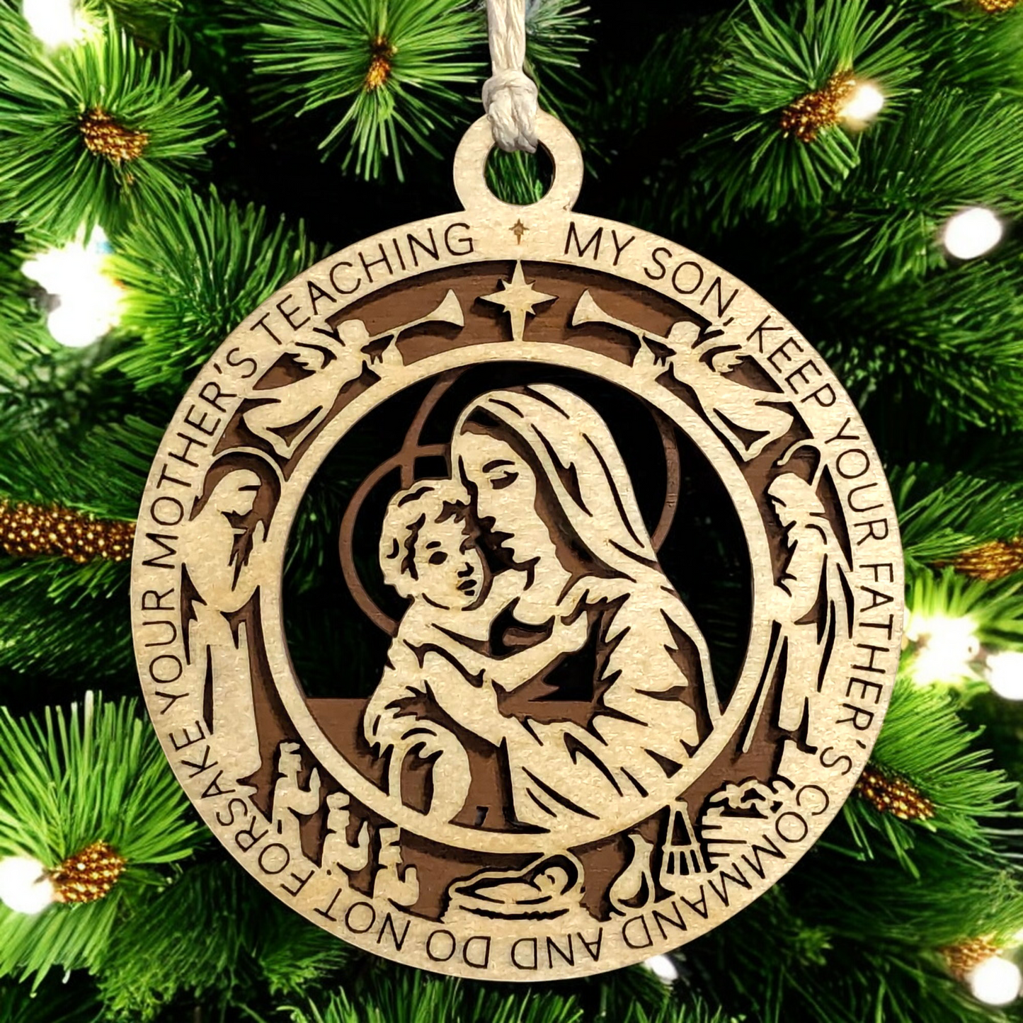 Handcrafted 3.5" Round Wooden Christmas Ornament, 2-Layer Laser Cut, Natural & Stained, Featuring Mary & Baby Jesus, Proverbs 6:20, Christian Icons, Made in USA, Perfect Holiday Decor Gift