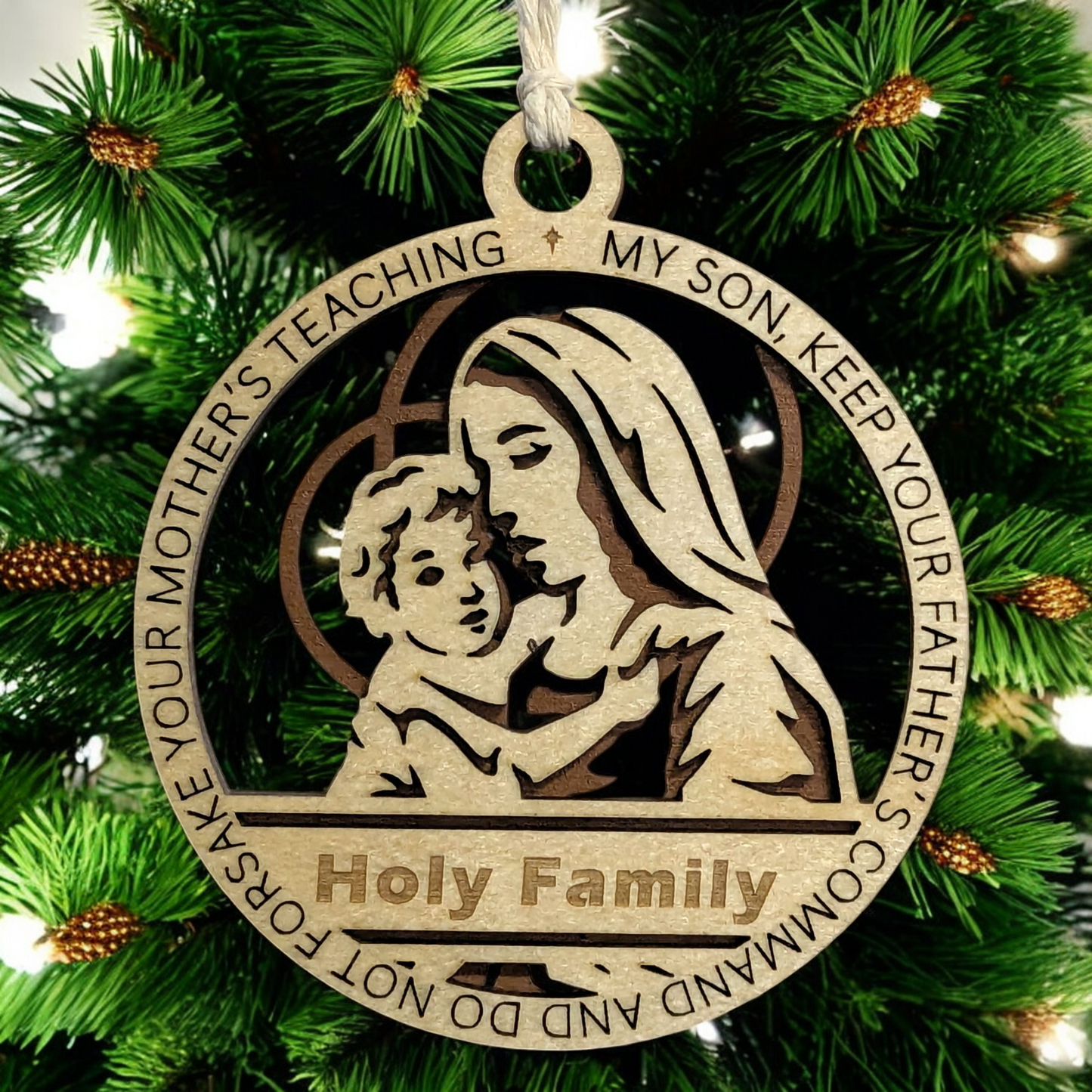 Handcrafted 3.5" Round Wooden Christmas Ornament, 2-Layer Laser Cut Design, Natural & Stained Wood, Featuring Mary & Baby Jesus, Proverbs 6:20, Personalizable, Made in USA, Perfect Holiday Gift