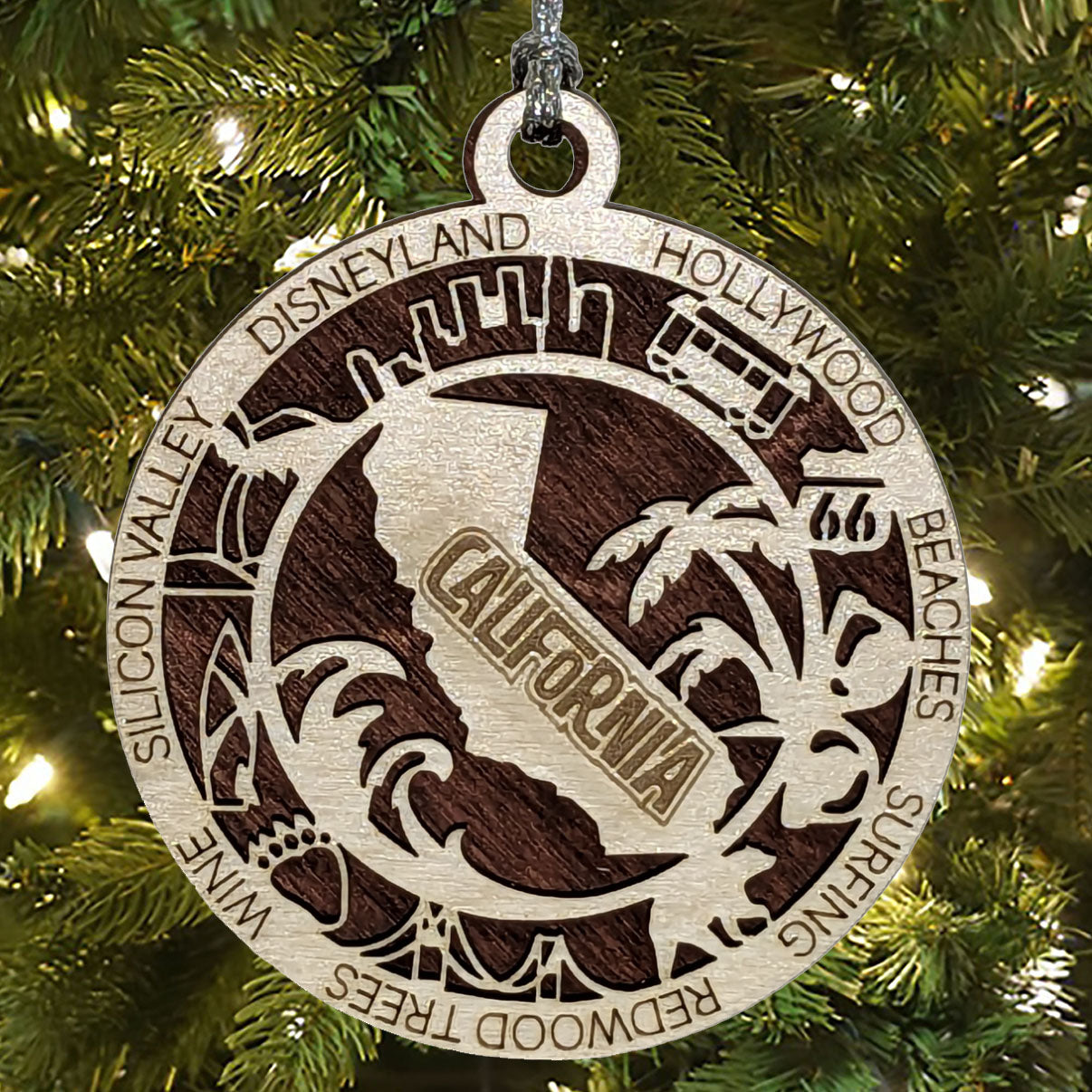 California State Pride 3D Wood Laser Cut Ornament: Featuring Iconic California Symbols and Custom Background Colors