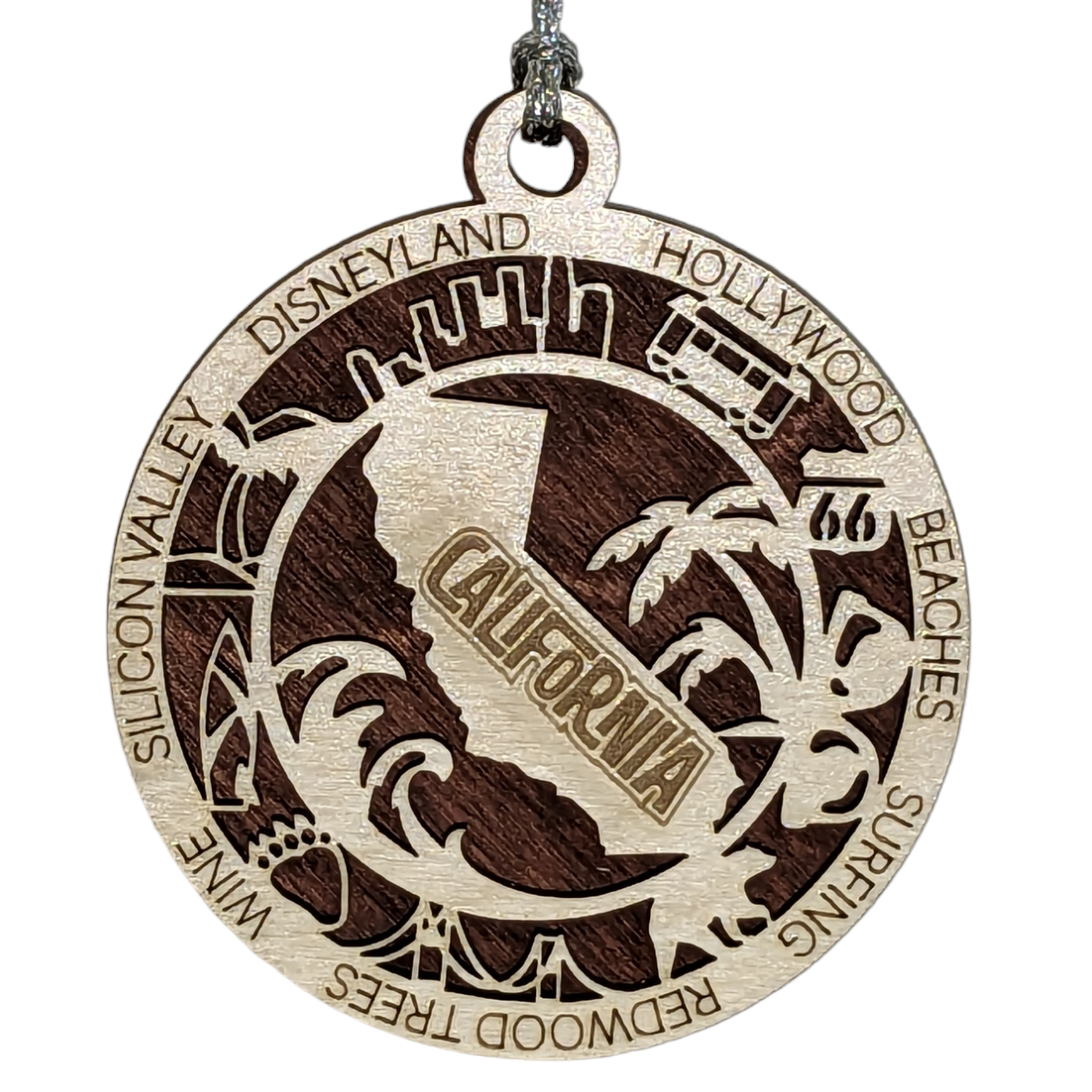 California State Pride 3D Wood Laser Cut Ornament: Featuring Iconic California Symbols and Custom Background Colors