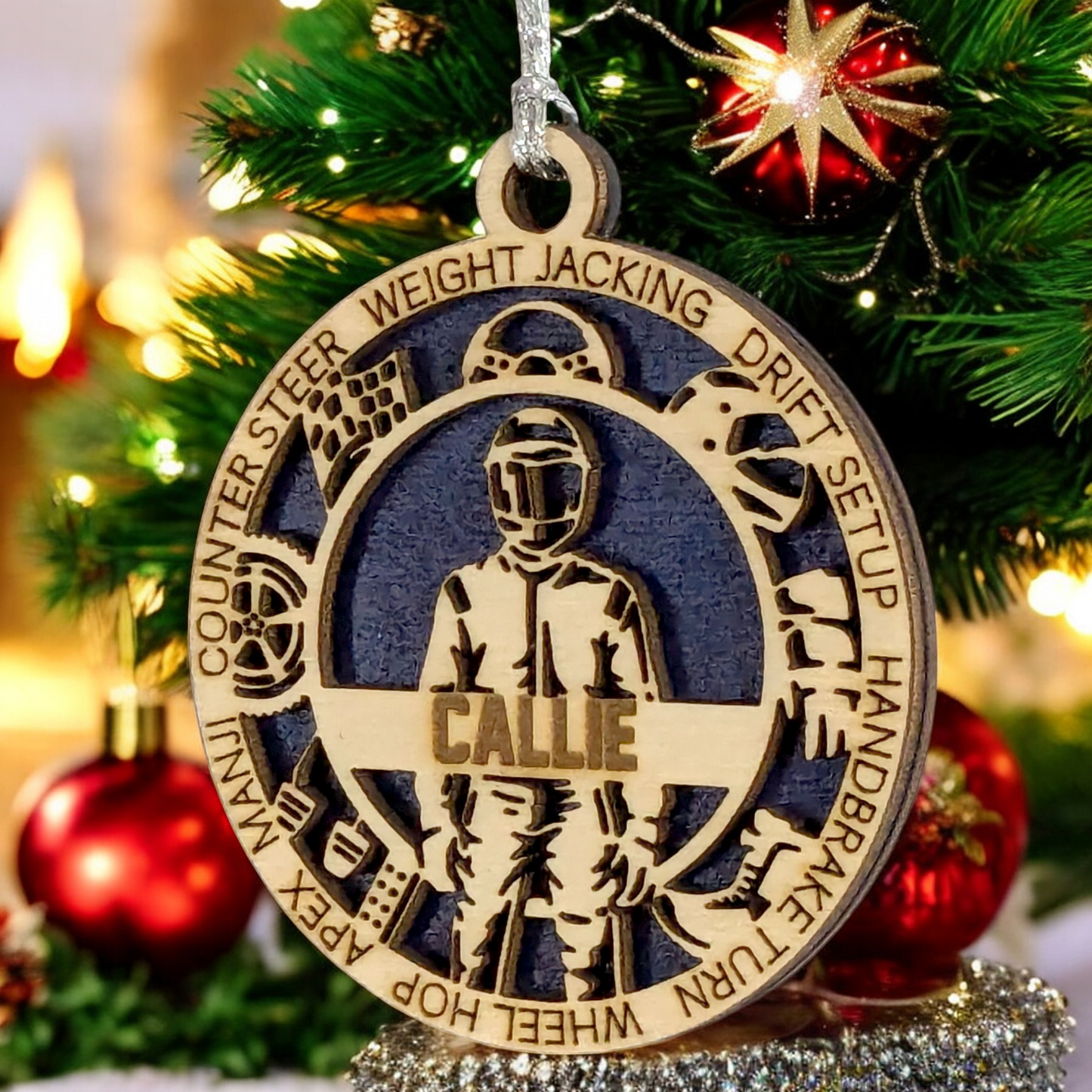 Personalized 3-Inch Handcrafted Wooden Car Racing Christmas Ornament - Unique Laser Cut Design - Customizable Holiday Decor for Racing Enthusiasts - Festive Keepsake for Car Lovers and Motorsport Fans