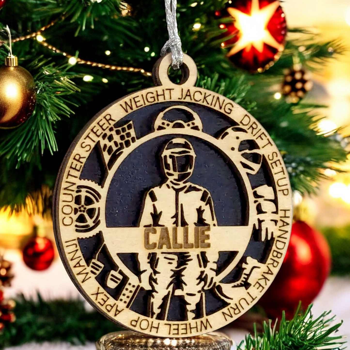 Personalized 3-Inch Handcrafted Wooden Car Racing Christmas Ornament - Unique Laser Cut Design - Customizable Holiday Decor for Racing Enthusiasts - Festive Keepsake for Car Lovers and Motorsport Fans