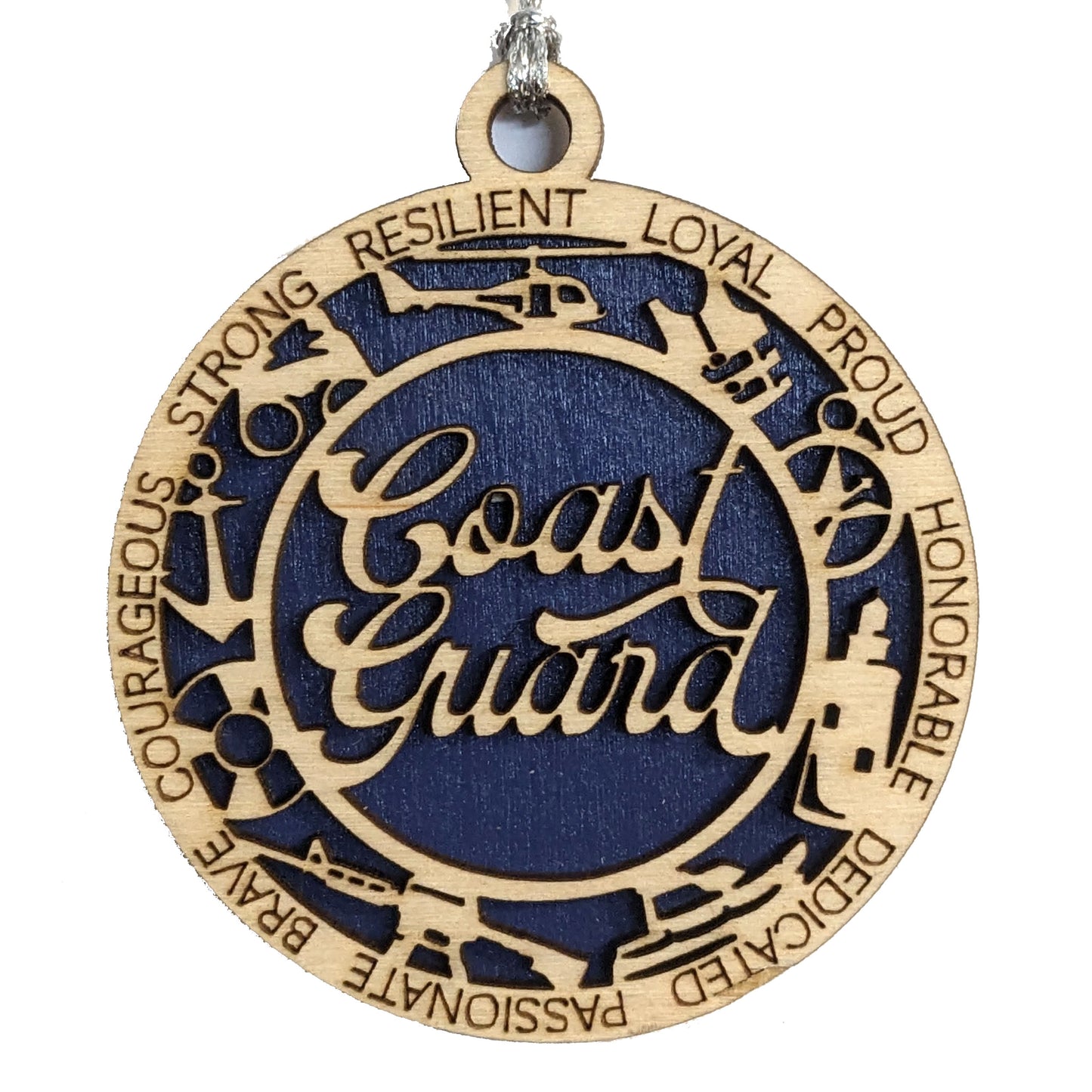 Coast Guard Christmas Ornament - 3" Wooden Laser Cut with Icons - Patriotic Military Gift - Handcrafted in USA