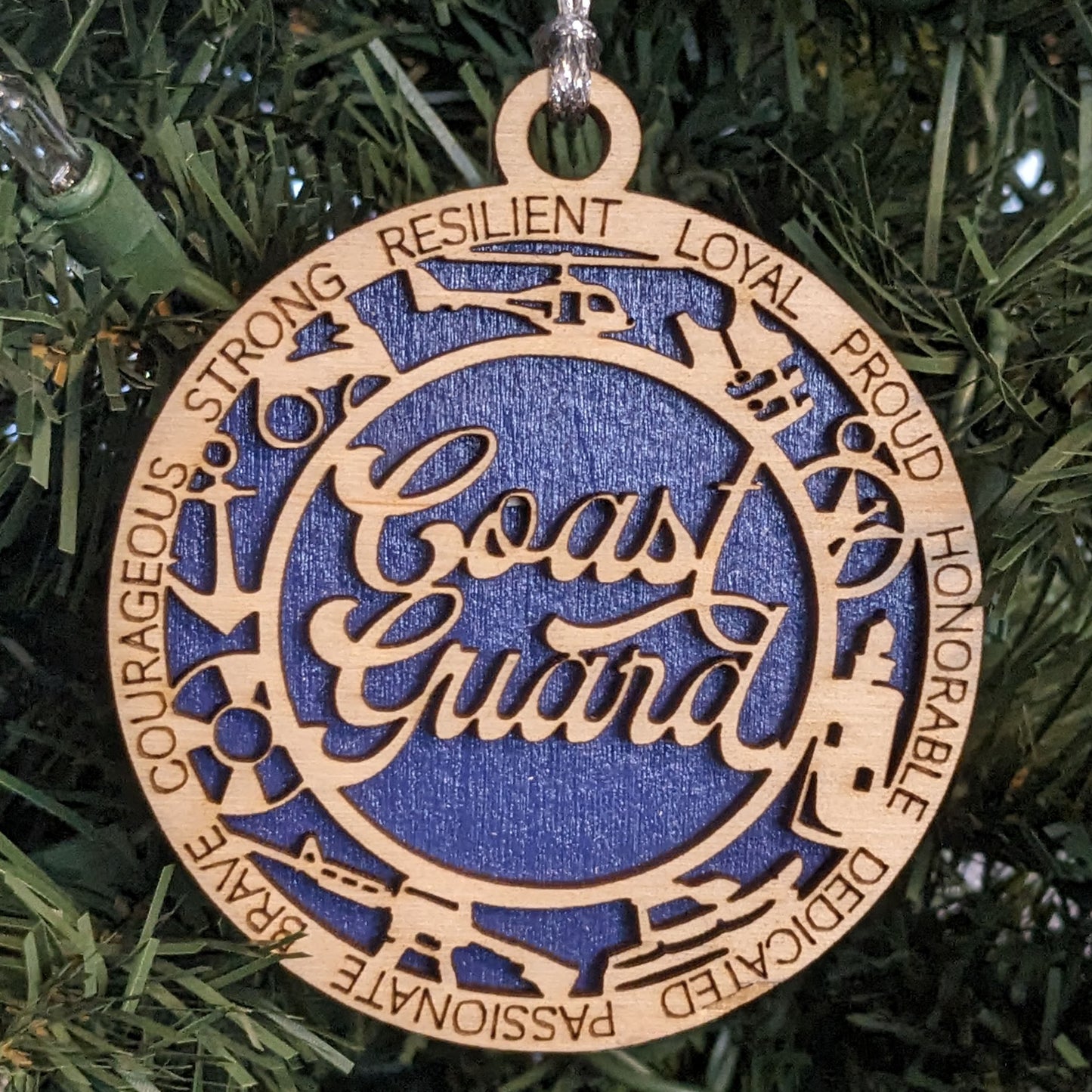 Coast Guard Christmas Ornament - 3" Wooden Laser Cut with Icons - Patriotic Military Gift - Handcrafted in USA