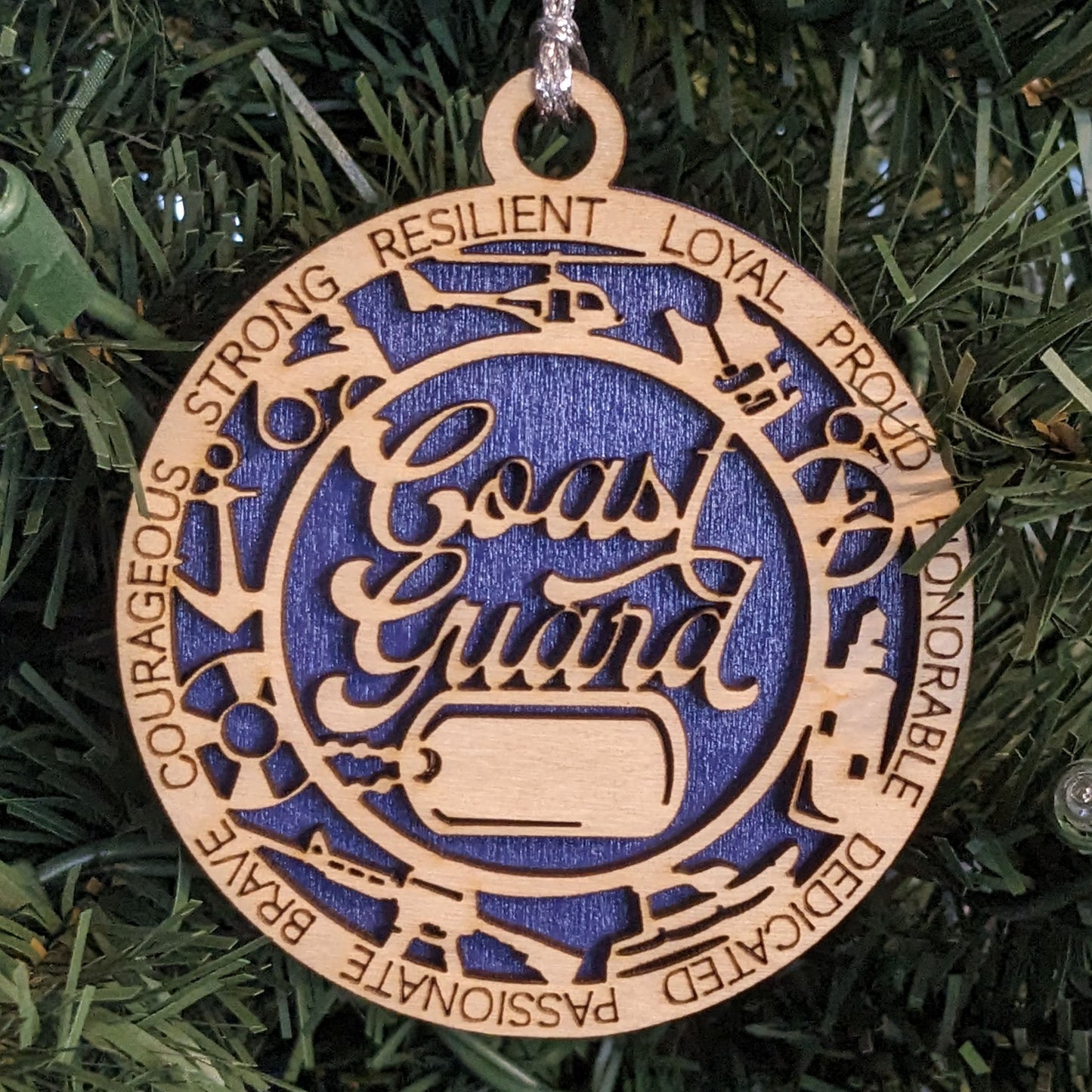 Personalized Coast Guard Christmas Ornament - 3" Wooden Laser Cut with Dog Tags - Military Icons - Handmade in USA