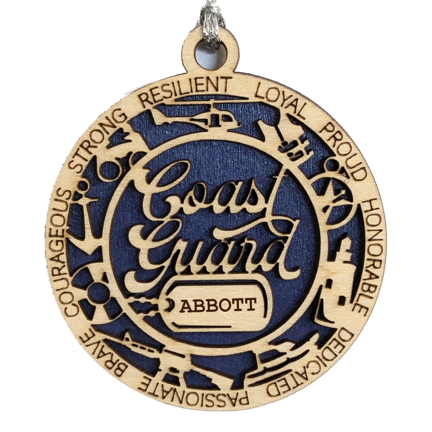 Personalized Coast Guard Christmas Ornament - 3" Wooden Laser Cut with Dog Tags - Military Icons - Handmade in USA