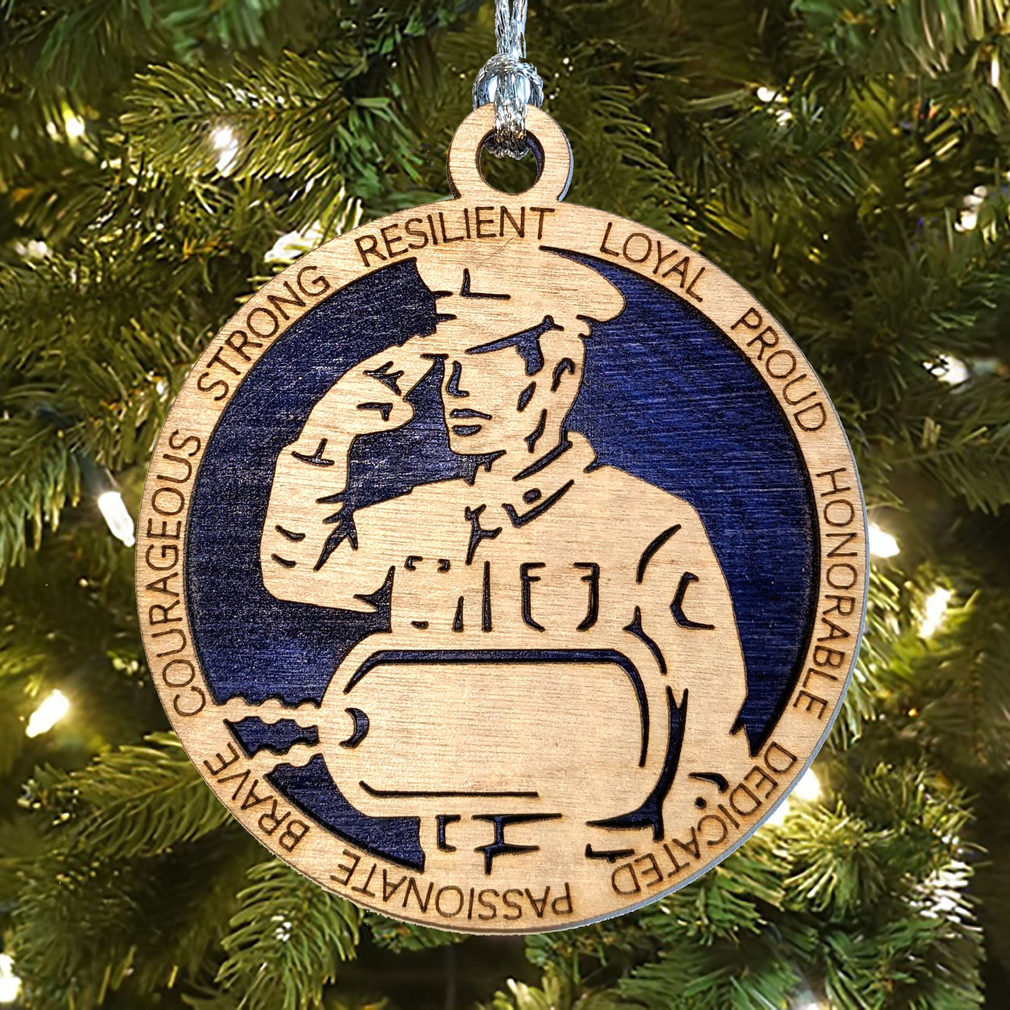 Male Coast Guard Christmas Ornament - 3" Wooden Laser Cut with Custom Dog Tags - Men in Formal Uniform - USA Made