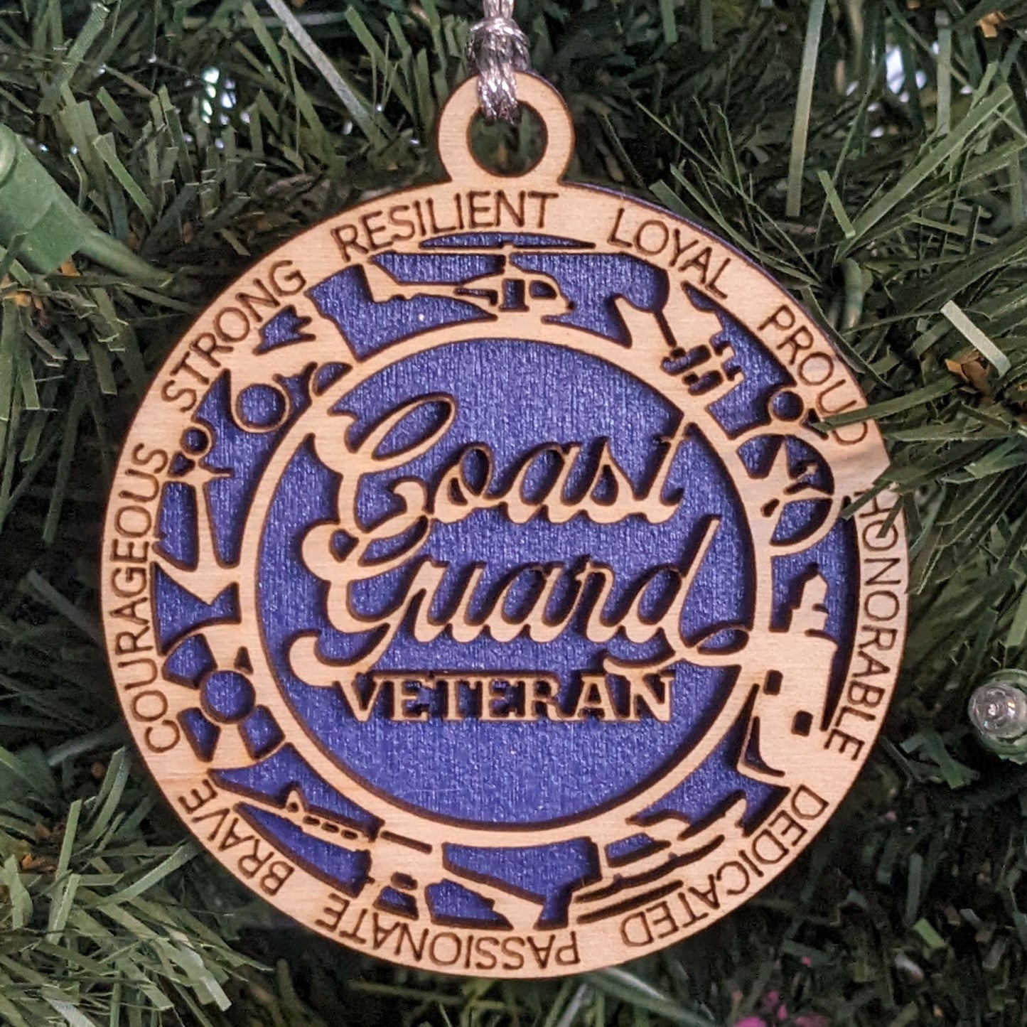 Handmade Coast Guard Veteran Ornament - 3" Wood Christmas Decor with Military Symbols - Made in Oregon, USA
