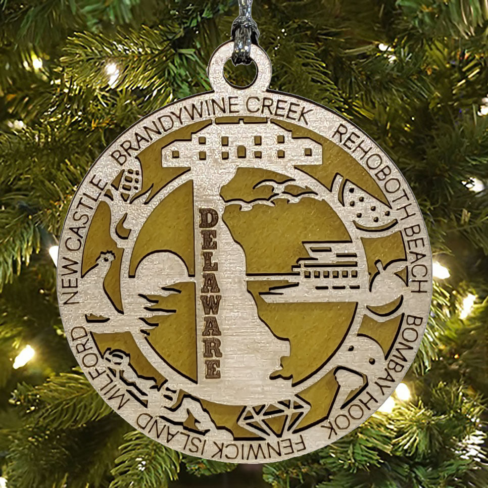 Delaware State Pride 3D Wood Laser Cut Ornament: Featuring Iconic Delaware Symbols and Custom Background Colors