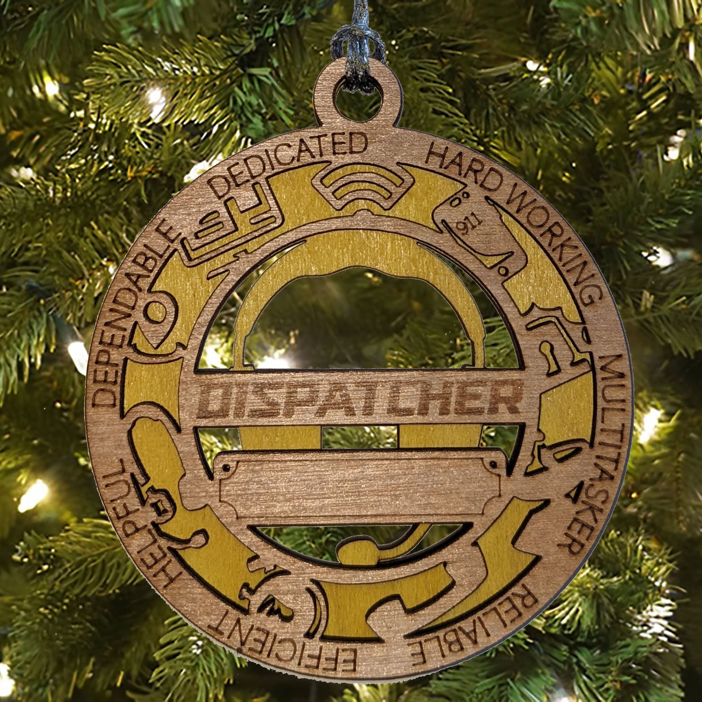 3" Handcrafted Wooden Personalized Dispatcher Christmas Ornament with Cut Background - Custom First Responder Holiday Decor