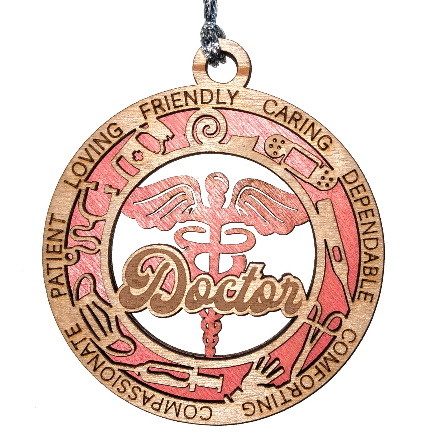 Handcrafted 3" Wooden Doctor Christmas Ornament, 2-Layer Laser Cut Design, Customizable Text & Color Background, Caduceus Cutout, Medical Icons, Made in USA - Perfect Gift for Healthcare Heroes