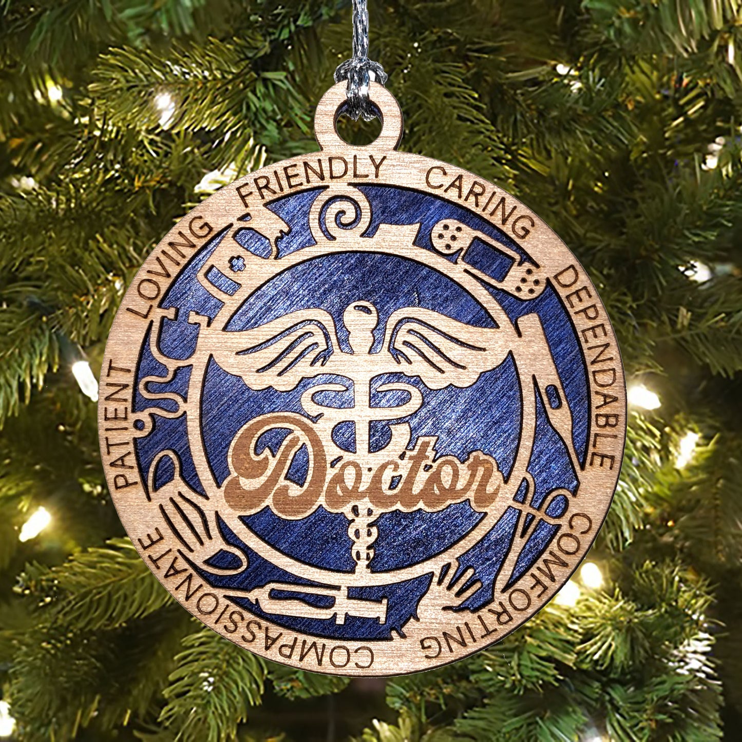 Handcrafted 3" Wooden Doctor Christmas Ornament, 2-Layer Laser Cut Design, Customizable Text & Color Background, Caduceus Cutout, Medical Icons, Made in USA - Perfect Gift for Healthcare Heroes